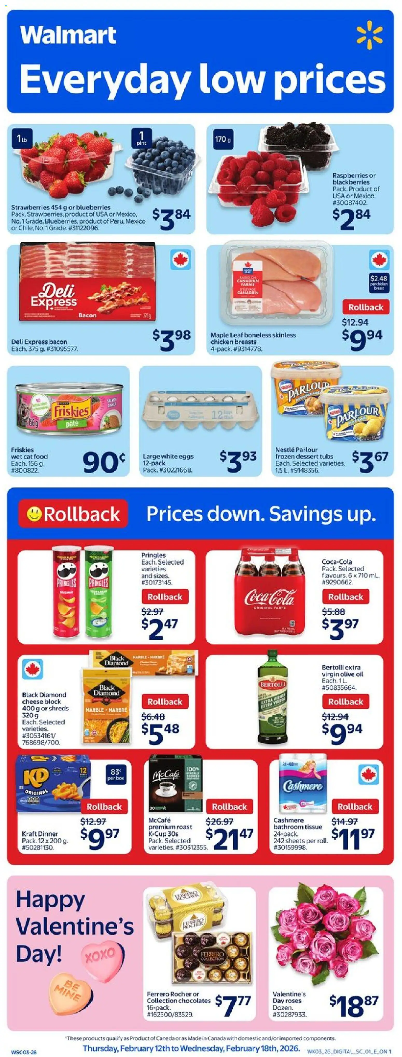 Walmart flyer valid from 12.02.2026 | Page: 1 | Products: Strawberries, Chicken breasts, Cheese, Chicken