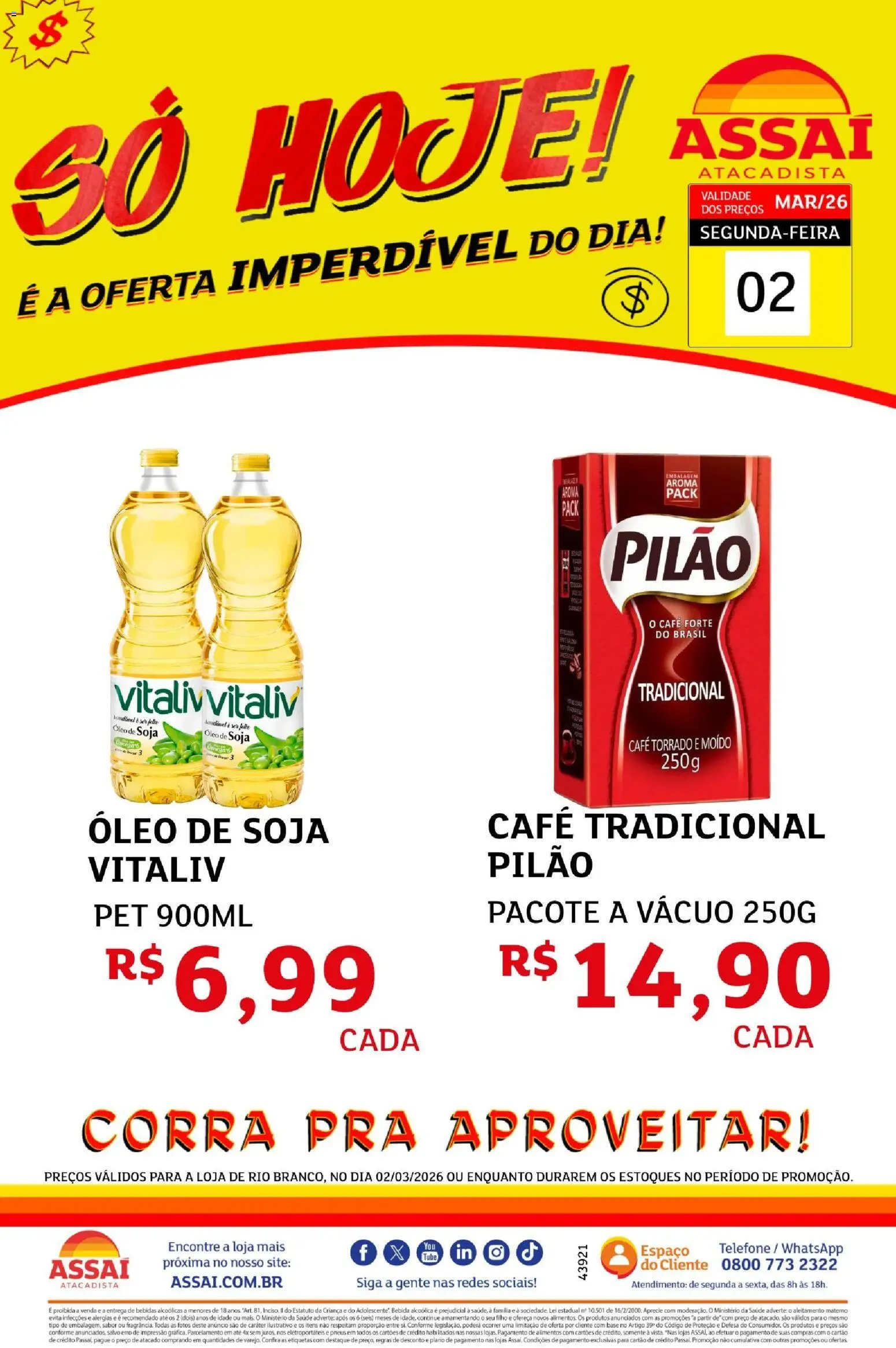 Assaí Atacadista Folheto - válido de 02.03.2026 | Página: 1 | Produtos: Pneus, Base, Telefone, Soja