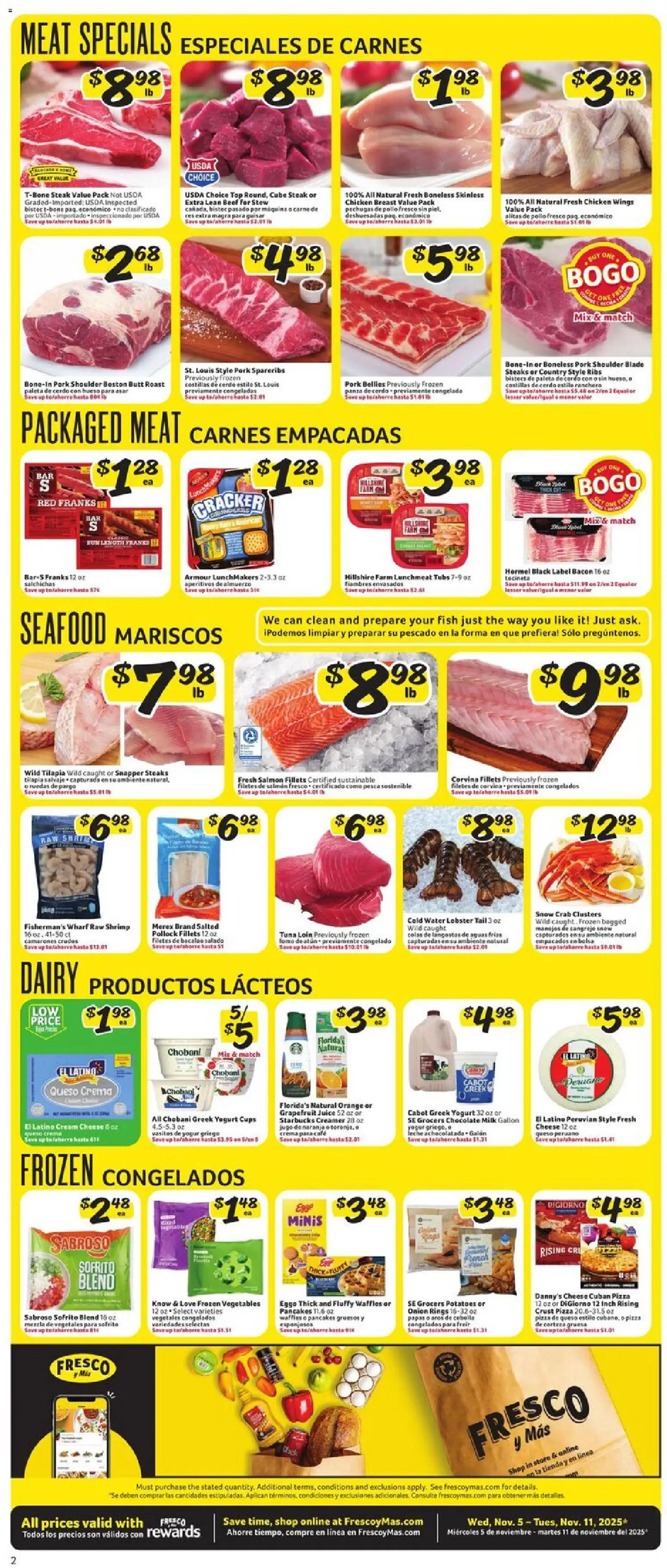 Fresco y Más Weekly Ad - valid from 05.11.2025 | Page: 2 | Products: Milk, Fish, Beef, Seafood