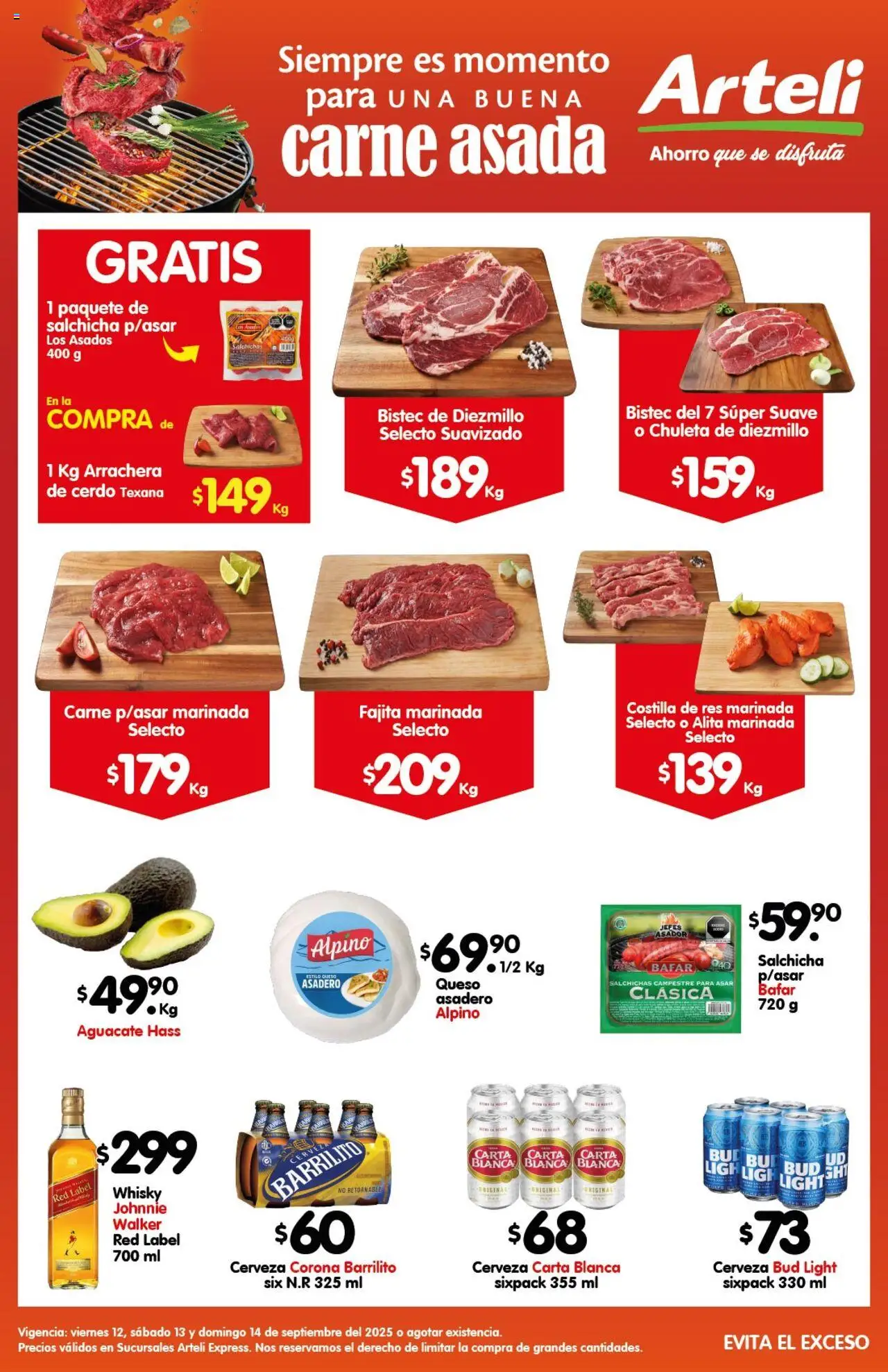 Nuevas ofertas de Arteli válidas en toda la República Mexicana desde el 12.09.2025. ¡Encuentra las mejores ofertas en Arteli - Folleto Express Carnes & Cortes! | Página: 1 | Productos: Salchicha, Cerveza, Cerdo, Whisky