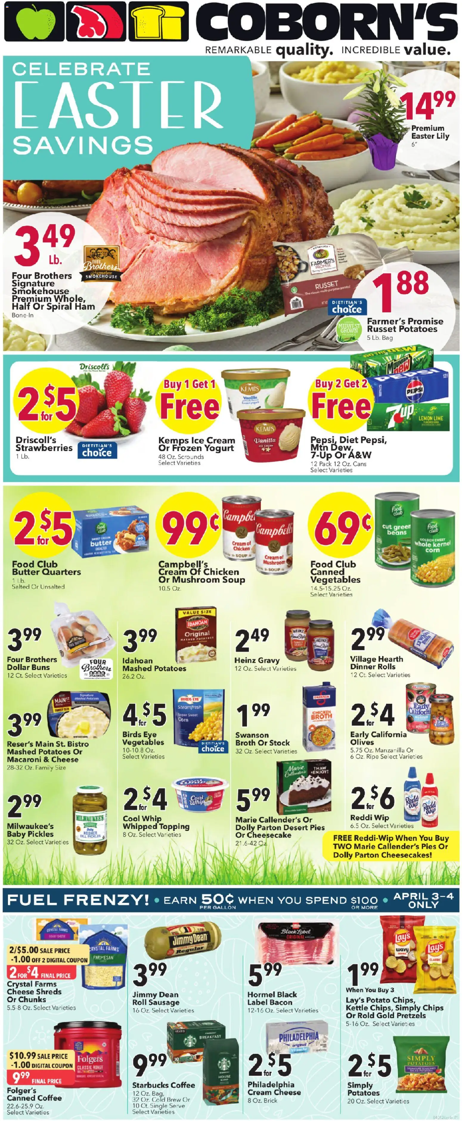 Coborn's Weekly Ad - valid from 01.04.2026 | Page: 1 | Products: Strawberries, Chips, Vegetables, Sausage