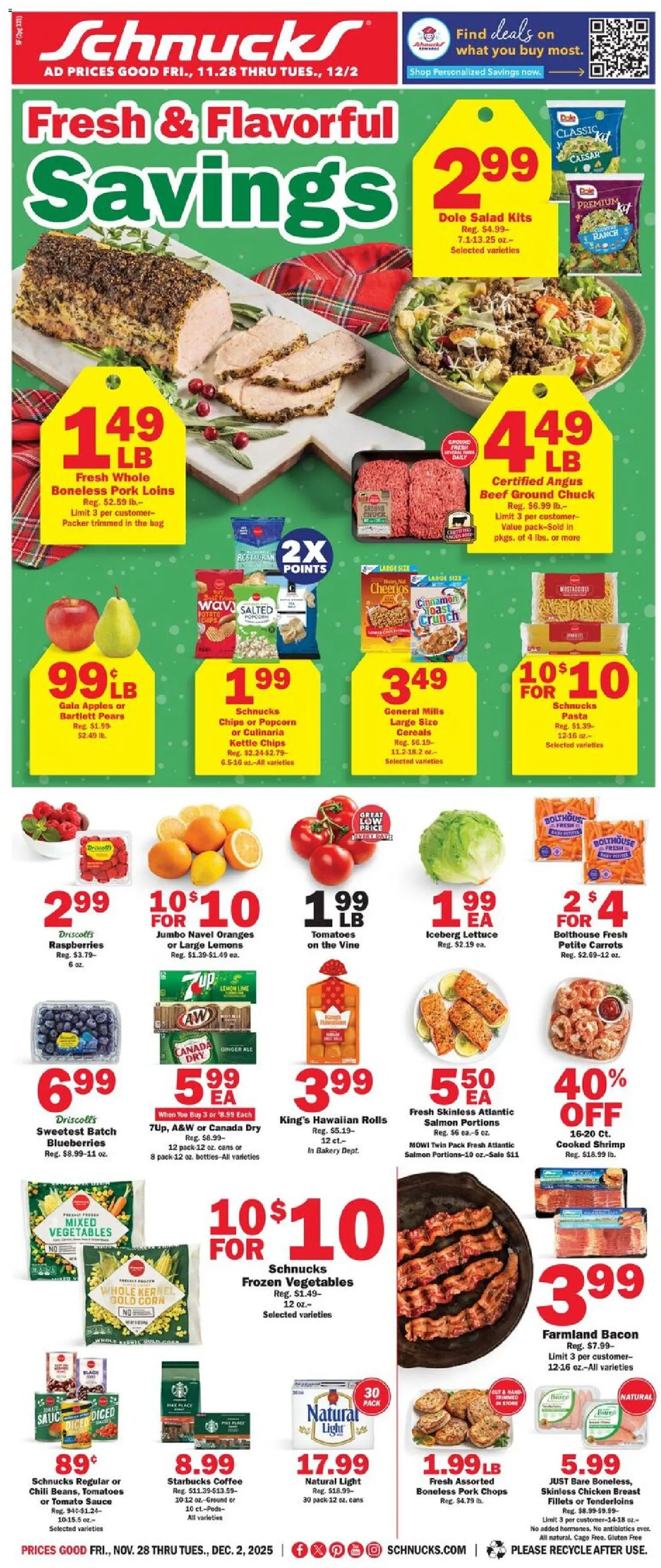 Schnucks Ad - valid from 28.11.2025 | Page: 1 | Products: Lettuce, Apples, Pasta, Salad