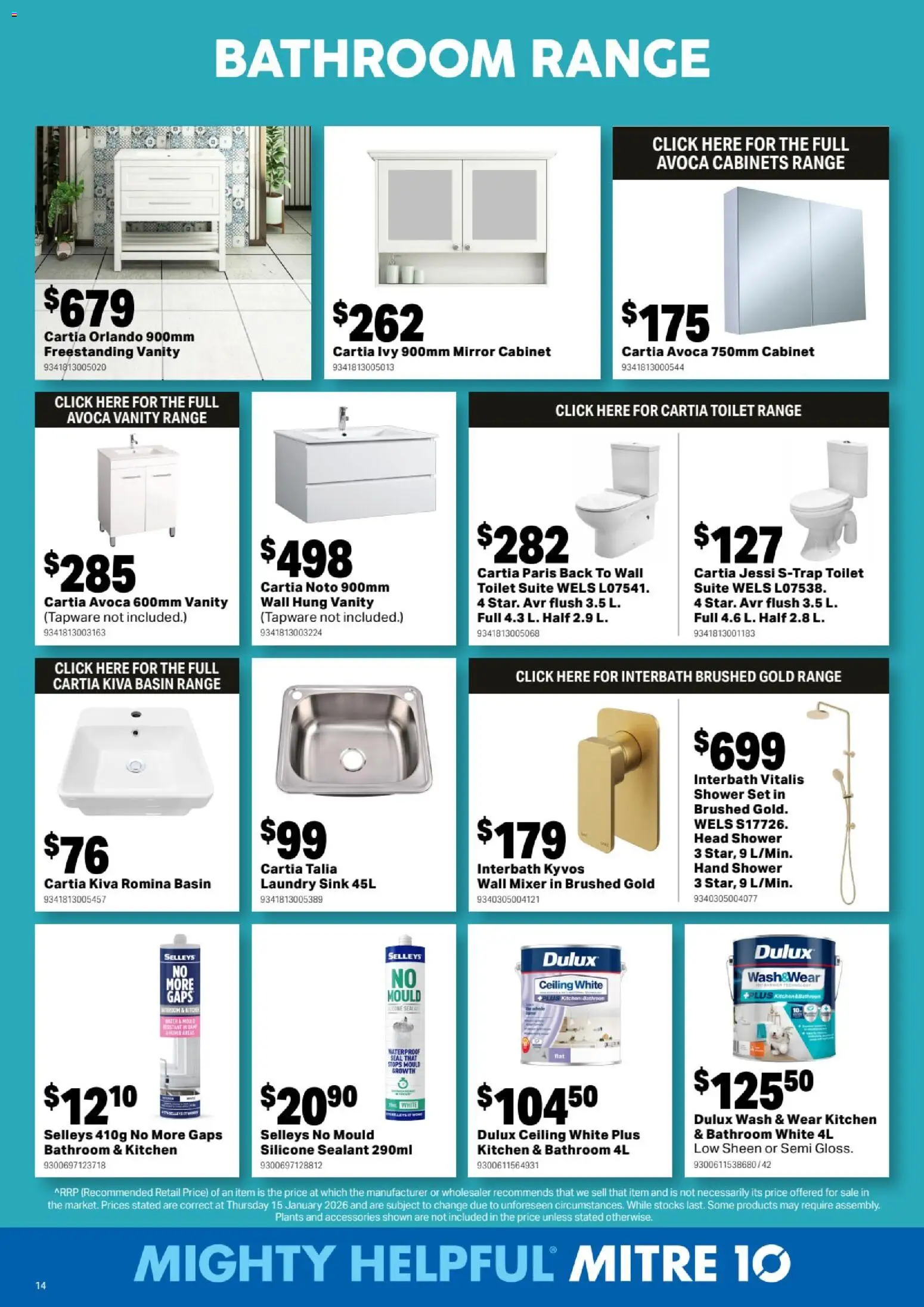 Mitre 10 catalogue - valid from 25.02.2026 | Page: 14 | Products: Cabinet, Accessories, Mixer, Bathroom