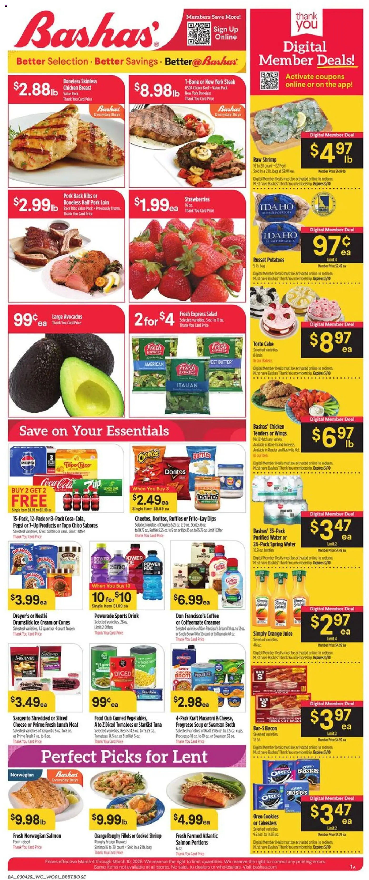 Basha's Weekly Ad - valid from 04.03.2026 | Page: 1 | Products: Pork, Cookies, Salad, Water