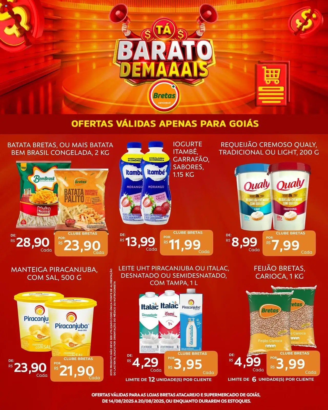 Bretas Folheto - válido de 14.08.2025 | Página: 3 | Produtos: Leite, Iogurte, Cálcio, Batata