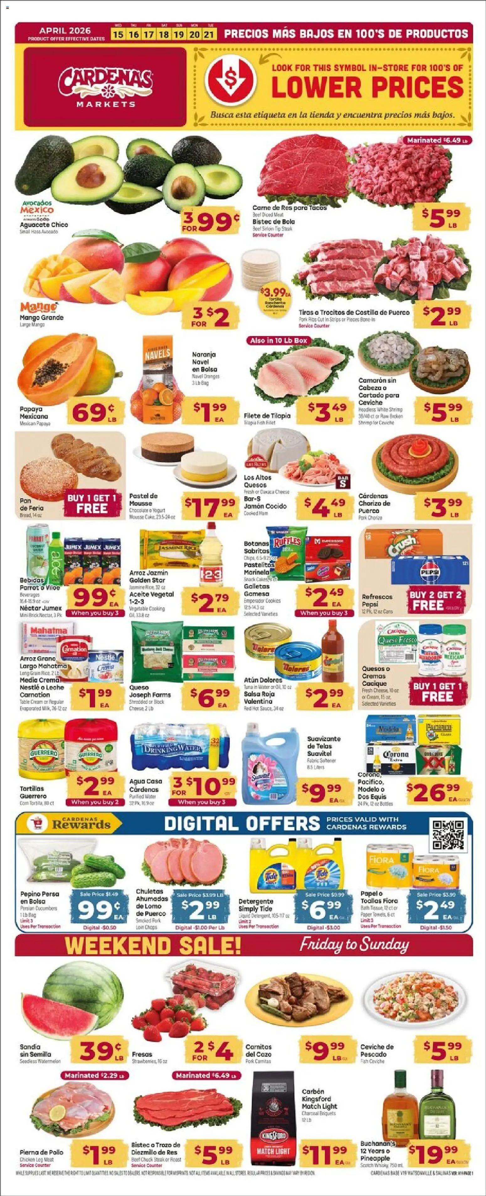 Cardenas Weekly Ad - CA - valid from 15.04.2026 | Page: 1 | Products: Yogurt, Oranges, Fabric softener, Bag