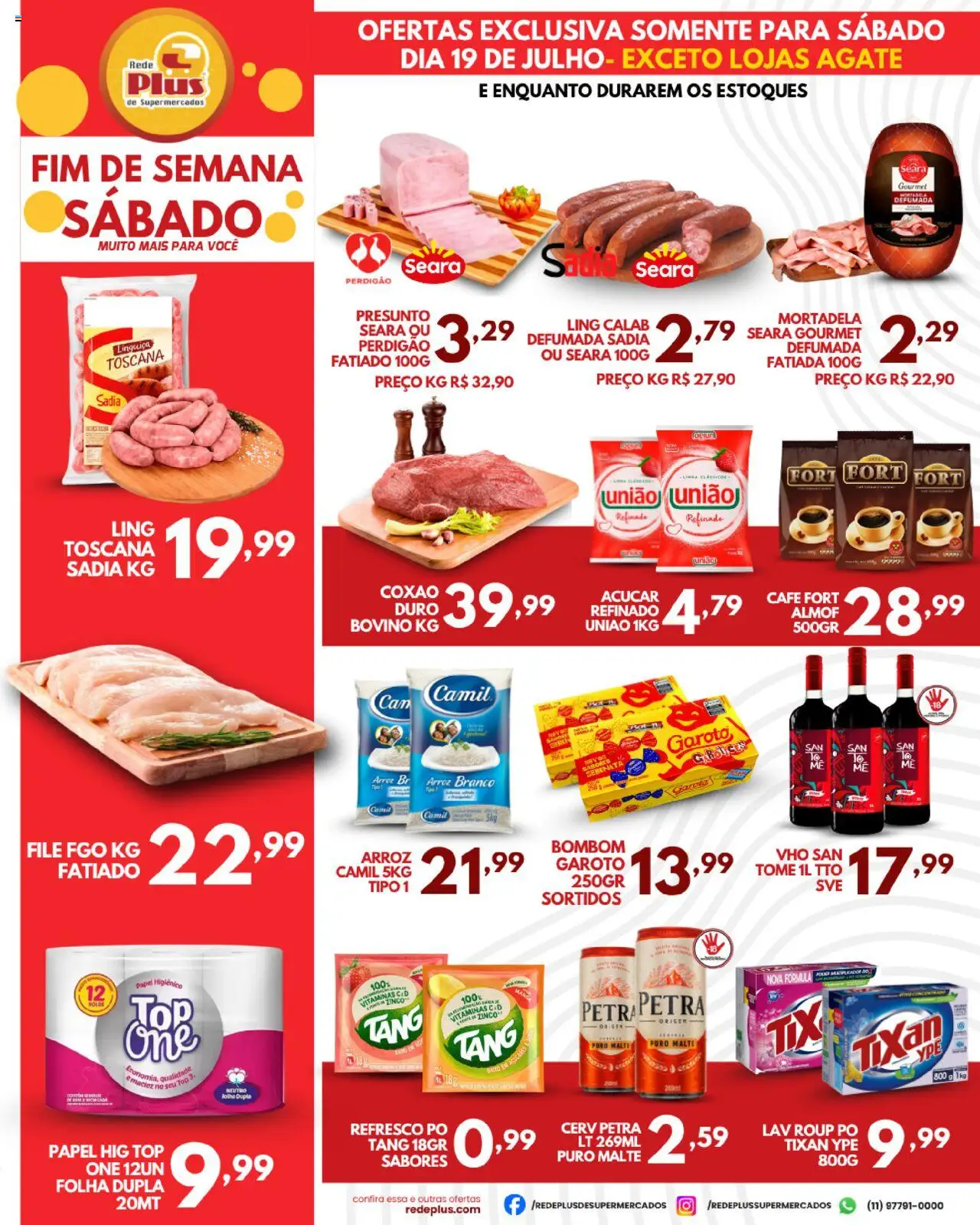 Rede Plus Supermercados Folheto - válido de 19.07.2025 | Página: 1 | Produtos: Pó, Mortadela, Arroz, Bombom