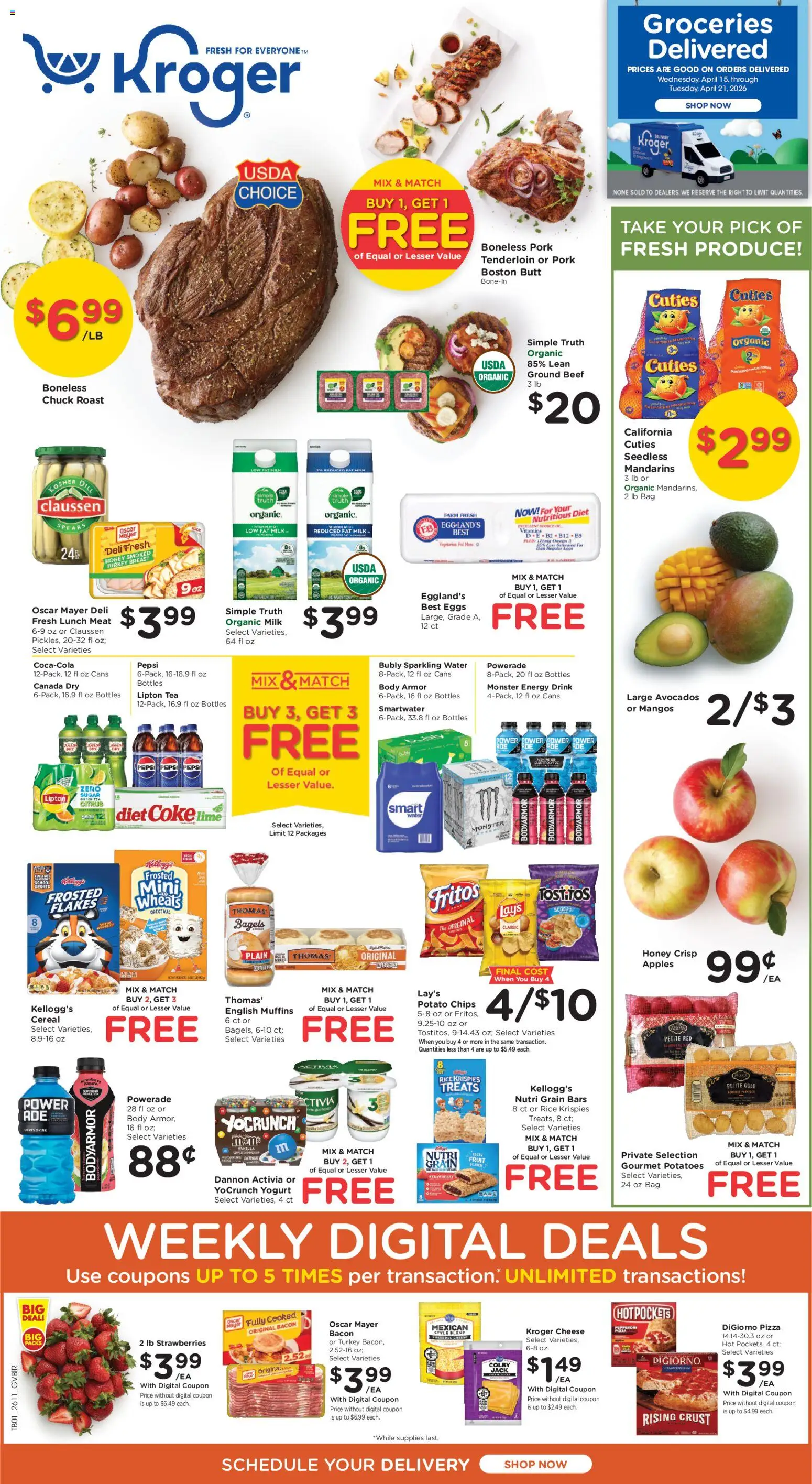 Kroger Ad - valid from 15.04.2026 | Page: 1 | Products: Green Tea, Milk, Cheese, Pizza
