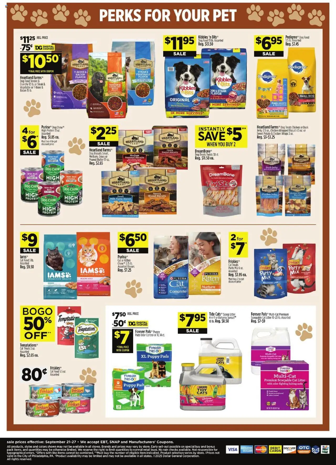 Dollar General Weekly Ad - valid from 21.09.2025 | Page: 13 | Products: Dog Treats, Cat Litter, Milk, Pads