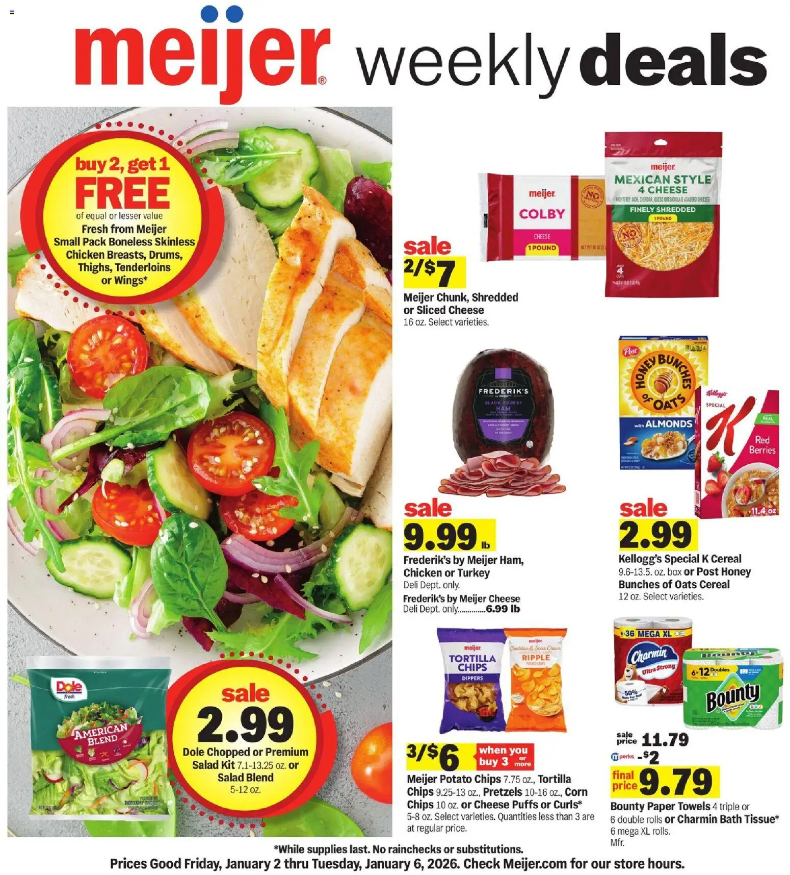 Meijer Weekly Ad - valid from 02.01.2026 | Page: 1 | Products: Box, Cheese, Chips, Salad