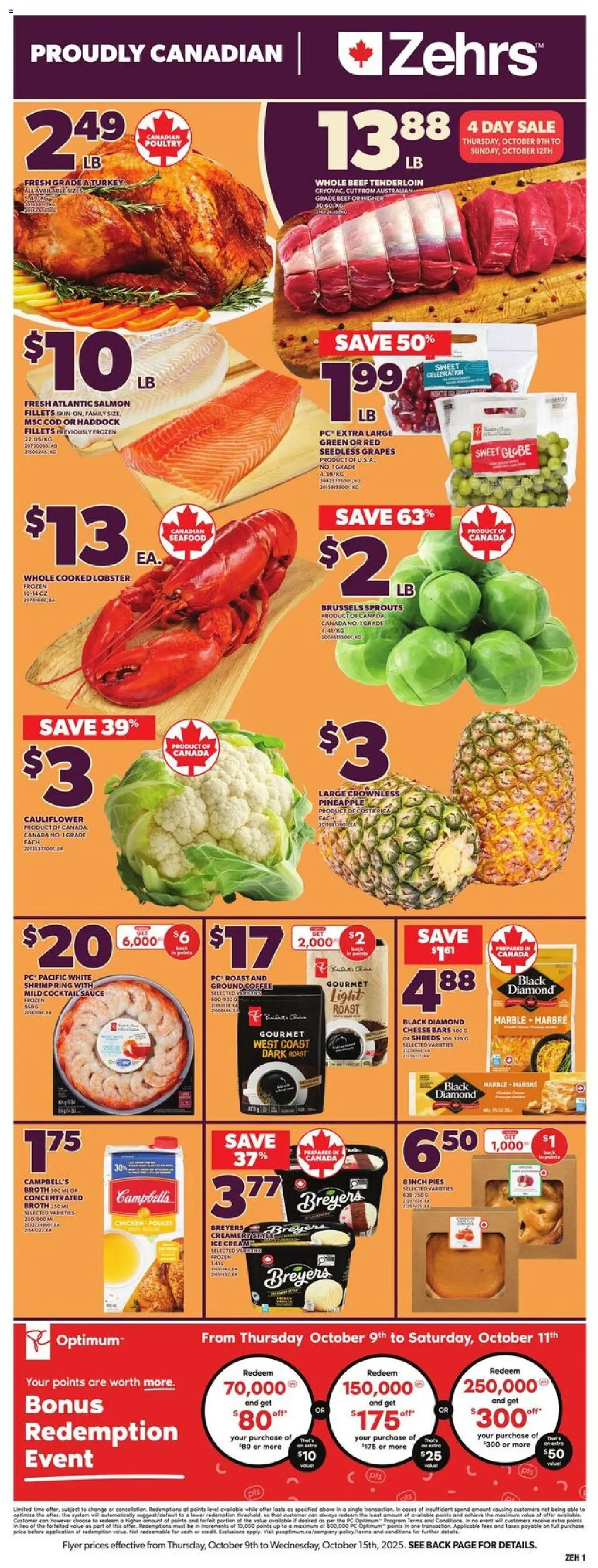 Zehrs flyer valid from 09.10.2025 | Page: 3 | Products: Pineapple, Ice cream, PC, Turkey