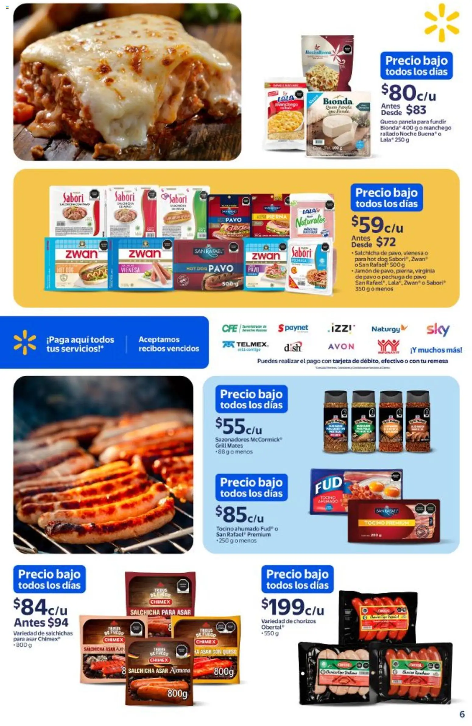 Nuevas ofertas de Walmart válidas en toda la República Mexicana desde el 20.11.2025. ¡Encuentra las mejores ofertas en Walmart folleto Precios bajos todos los días! | Página: 6 | Productos: Tocino, Salchicha, Queso, Jamón