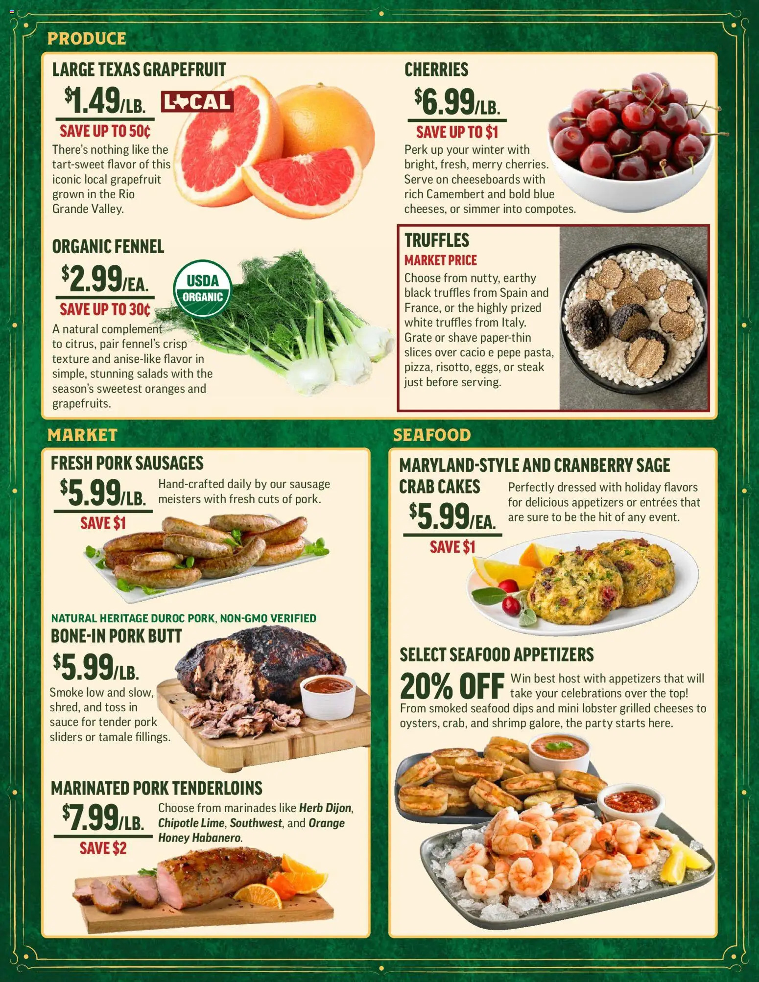 Central Market Weekly Ad - valid from 10.12.2025 | Page: 2 | Products: Cherries, Pork, Oranges, Seafood
