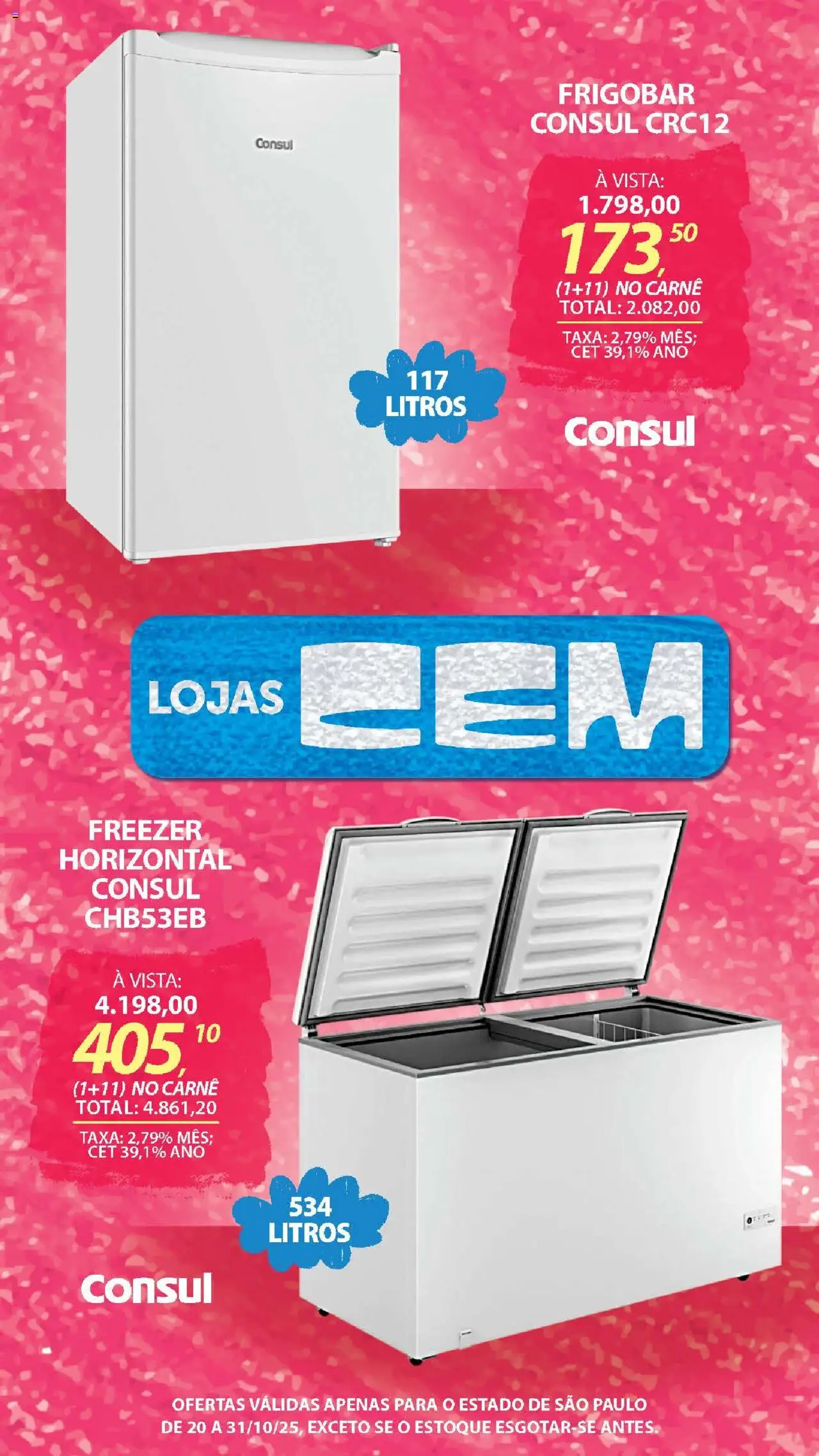 Lojas Cem Folheto - válido de 20.10.2025 | Página: 31 | Produtos: Frigobar, Freezer, Carne