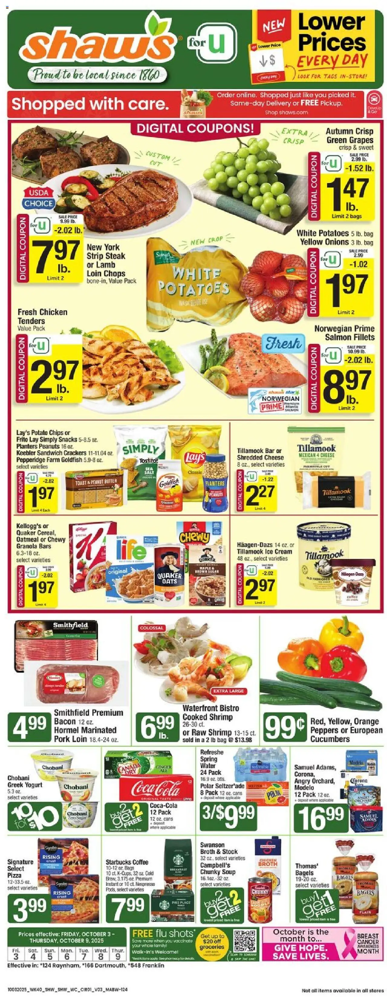 Shaw's Weekly Ad - MA - valid from 03.10.2025 | Page: 1 | Products: Yogurt, Water, Grapes, Bag
