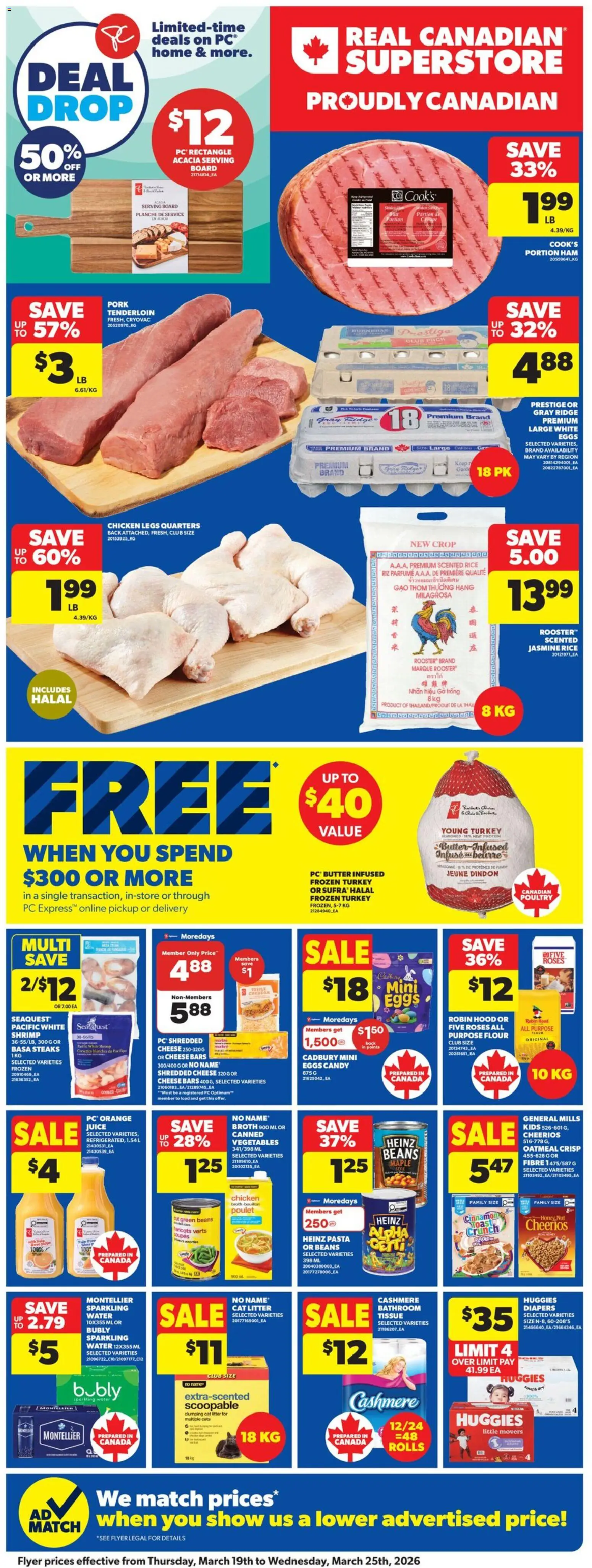 Real Canadian Superstore flyer valid from 19.03.2026 | Page: 3 | Products: Pasta, Turkey, Eggs, Pork