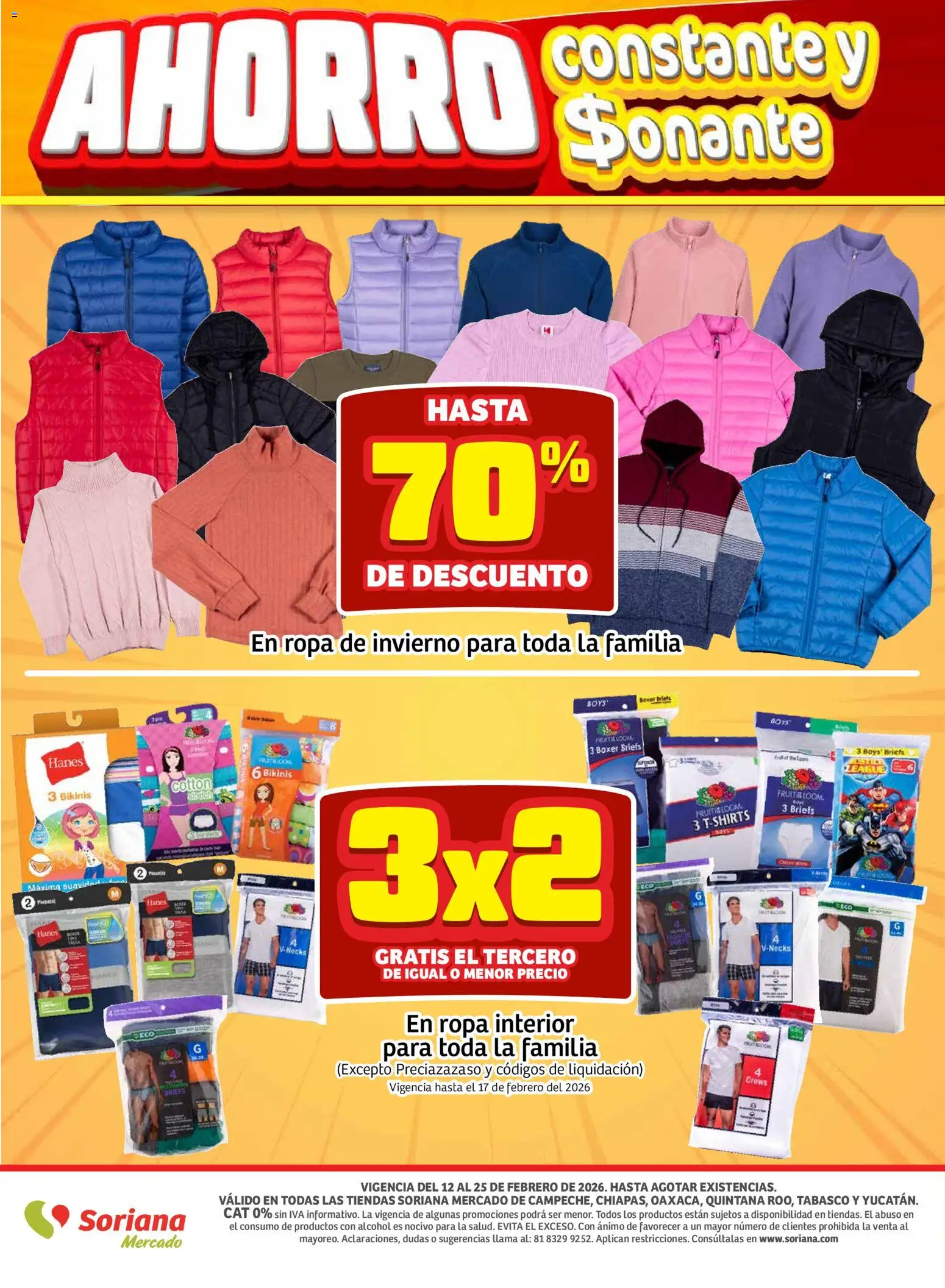 Nuevas ofertas de Soriana válidas en toda la República Mexicana desde el 12.02.2026. ¡Encuentra las mejores ofertas en Soriana - Pesito Valedor Mercado: Camp, Chia, Oax, Q. Roo, Tab, Yuc! | Página: 32 | Productos: Ropa, Ropa interior