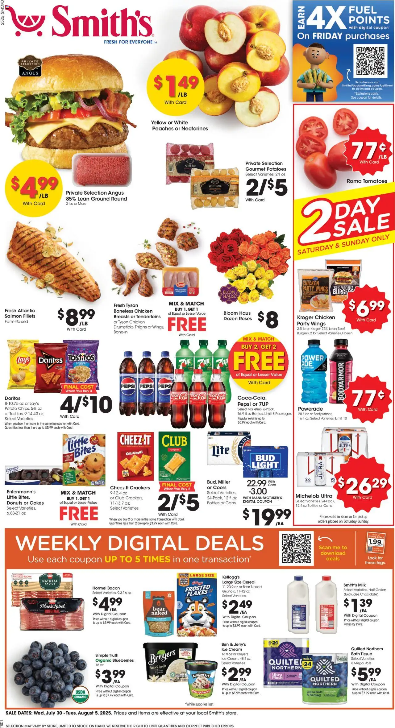 Smith's Weekly Ad - WY - valid from 30.07.2025 | Page: 1 | Products: Peaches, Beef, Cream, Ice cream