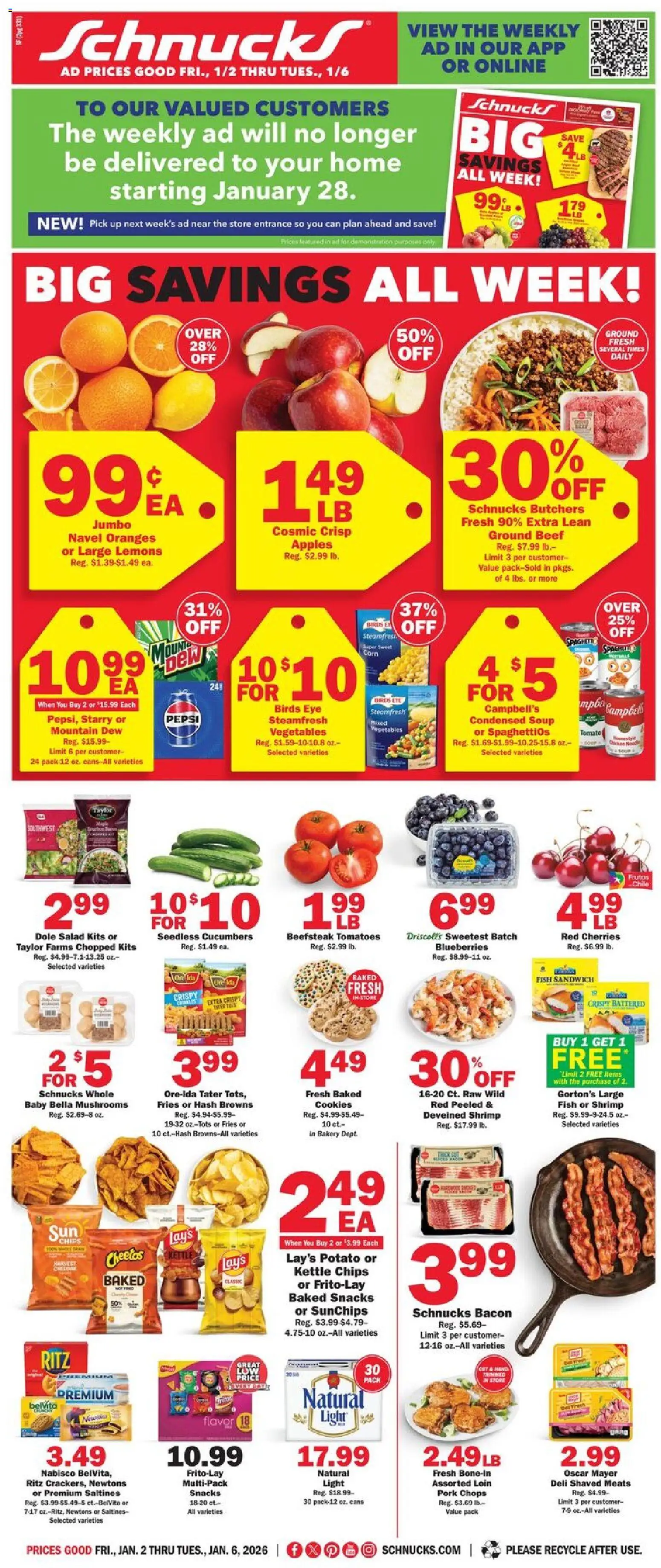 Schnucks Weekly Ad - valid from 02.01.2026 | Page: 1 | Products: Pork, Apples, Tomatoes, Salad