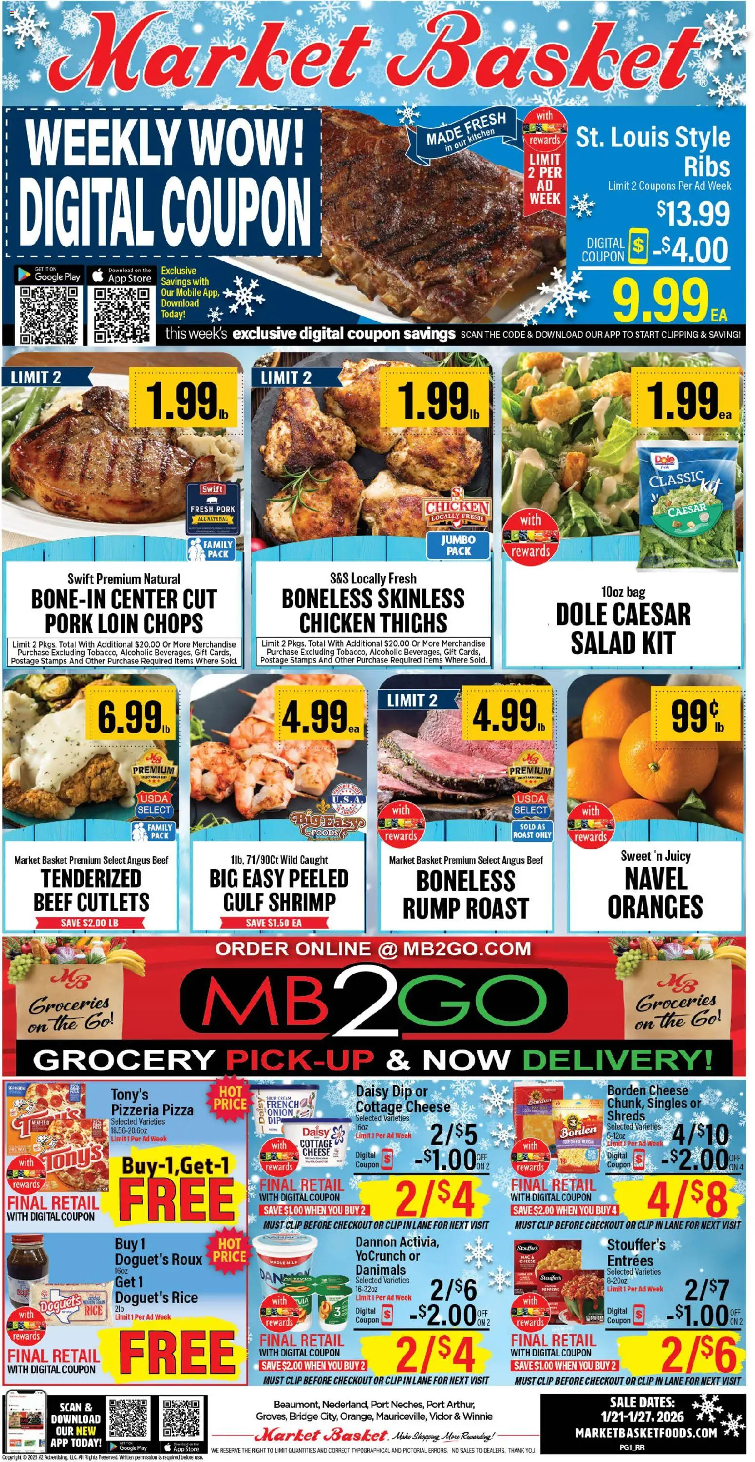 Market Basket Weekly Ad - valid from 21.01.2026 | Page: 1 | Products: Basket, Pizza, Oranges, Bag