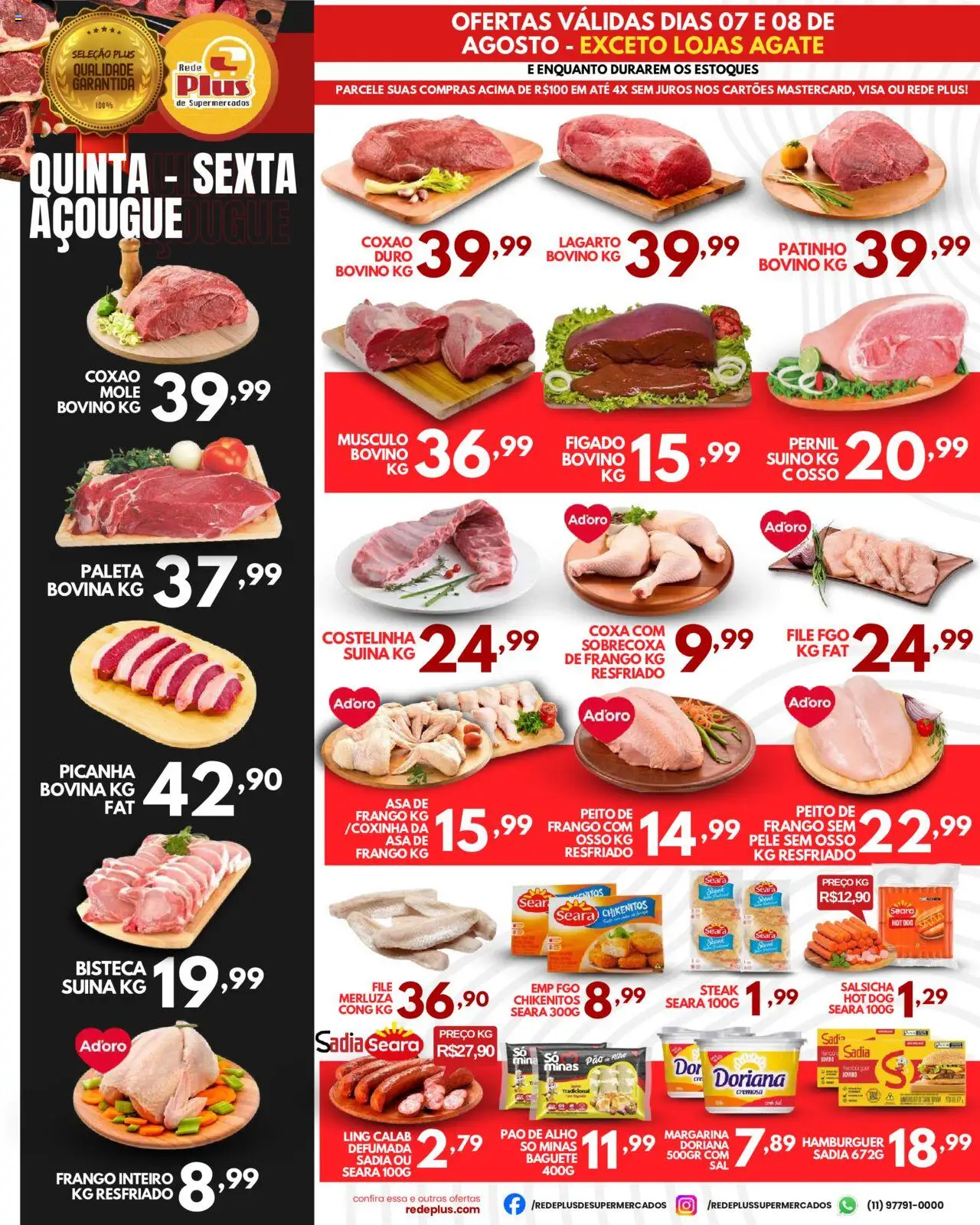 Rede Plus Supermercados Folheto - válido de 07.08.2025 | Página: 2 | Produtos: Asa de frango, Pão, Hambúrguer, Peito de frango