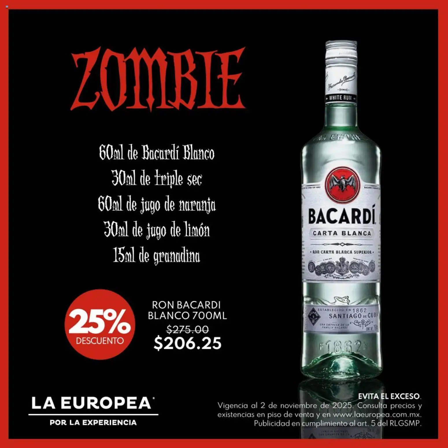 Nuevas ofertas de La Europea válidas en toda la República Mexicana desde el 28.10.2025. ¡Encuentra las mejores ofertas en La Europea catálogo Conjura el terror con Bacardí! | Página: 1 | Productos: Limón, Jugo