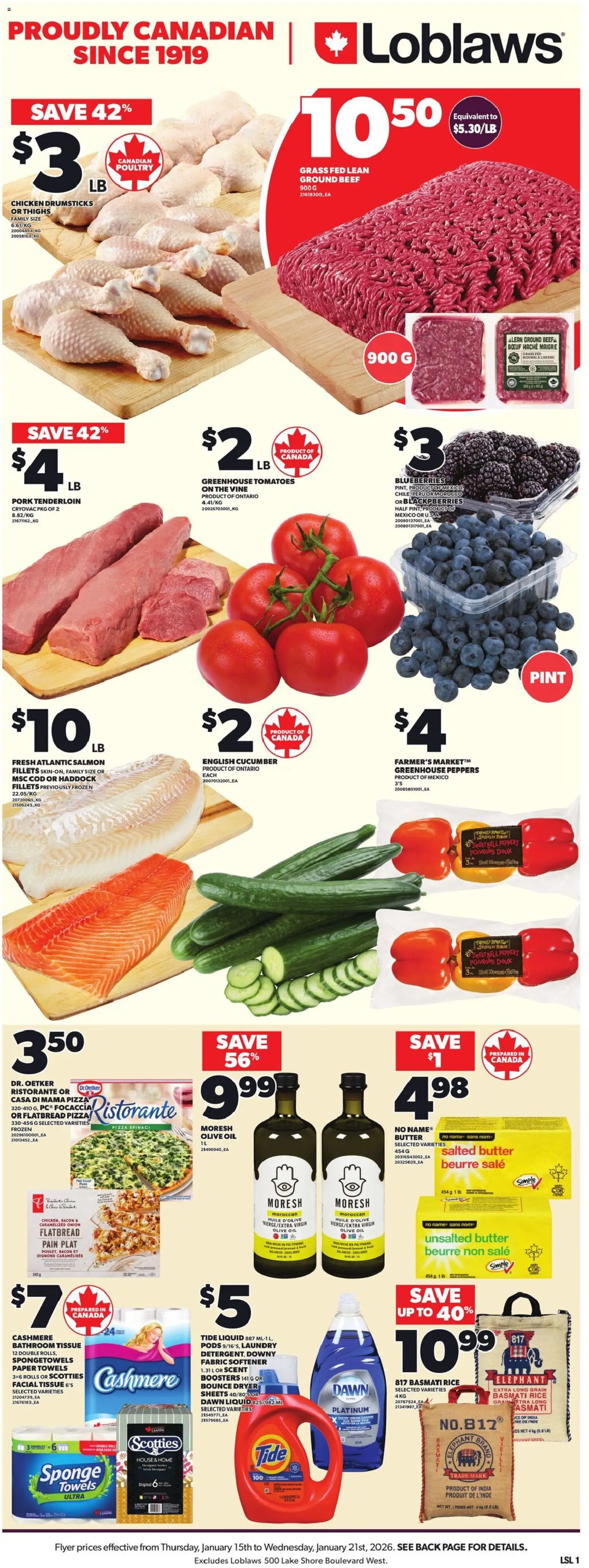 Loblaws flyer valid from 15.01.2026 | Page: 3 | Products: Sponge, Fabric softener, Chicken, Pork