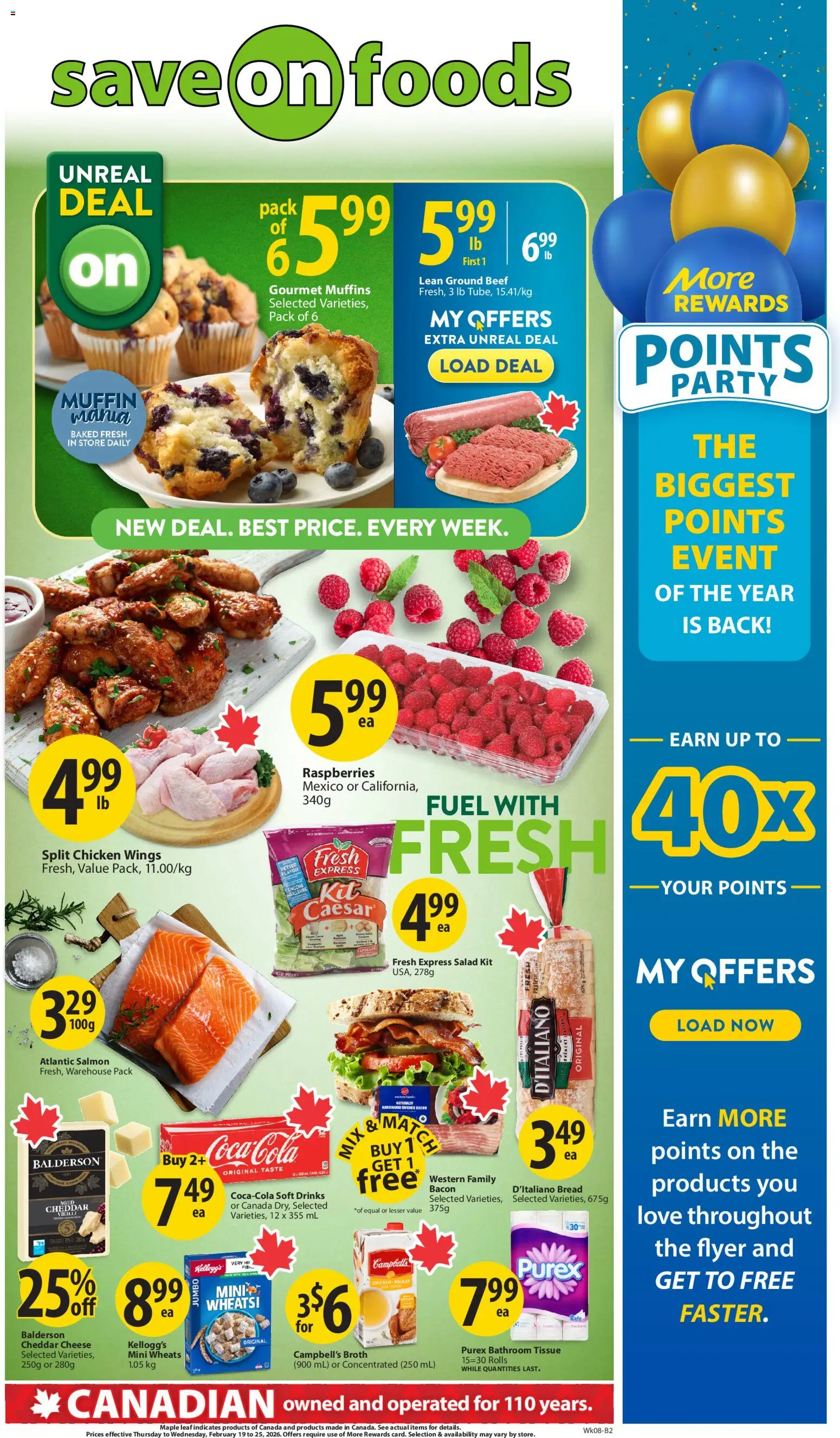 Save on foods flyer valid from 19.02.2026 | Page: 1 | Products: Beef, Salad, Cheese, Bread