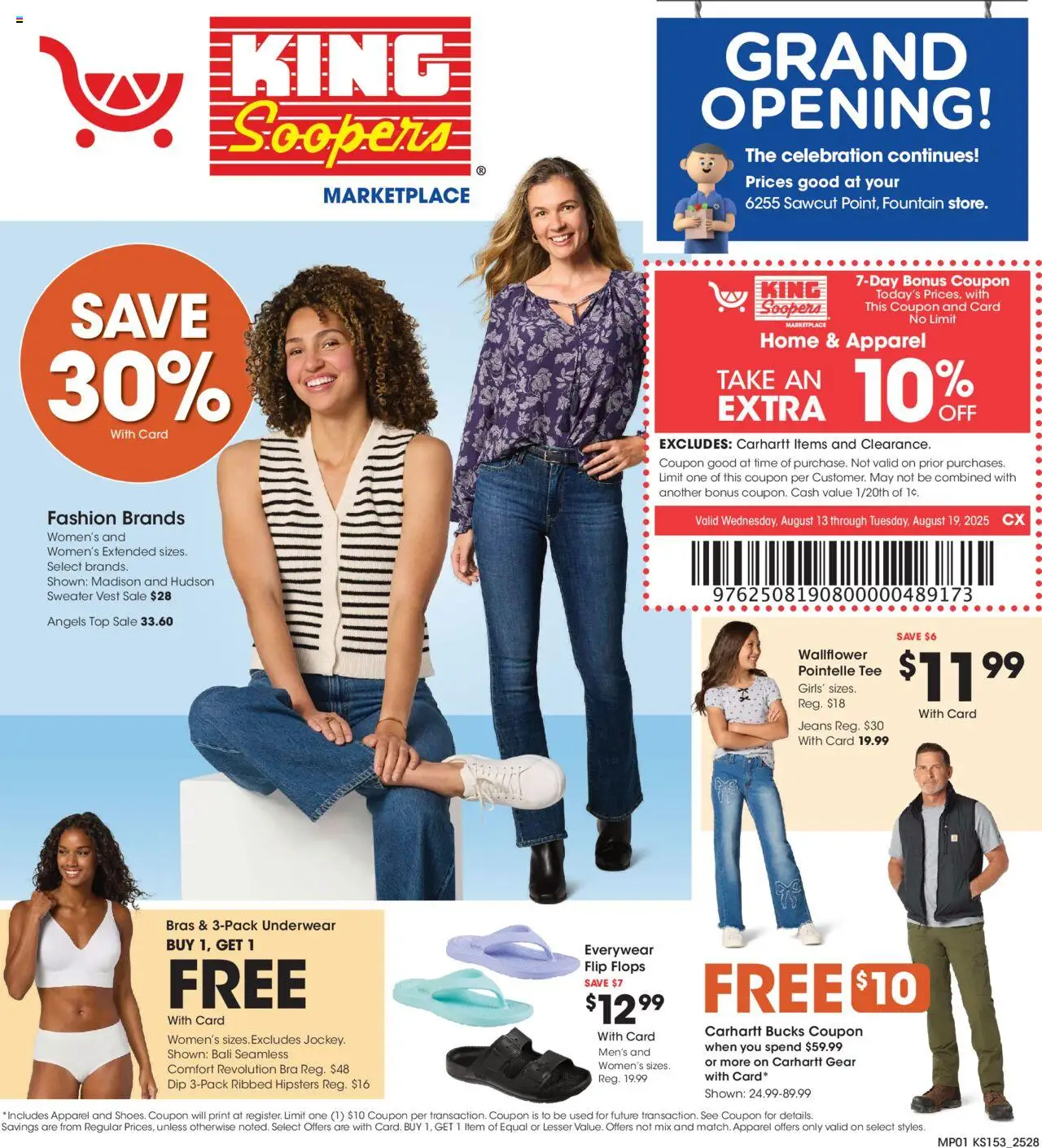 King Soopers Home & Apparel - valid from 13.08.2025 | Page: 1 | Products: Sweater, Underwear, Bra, Flops