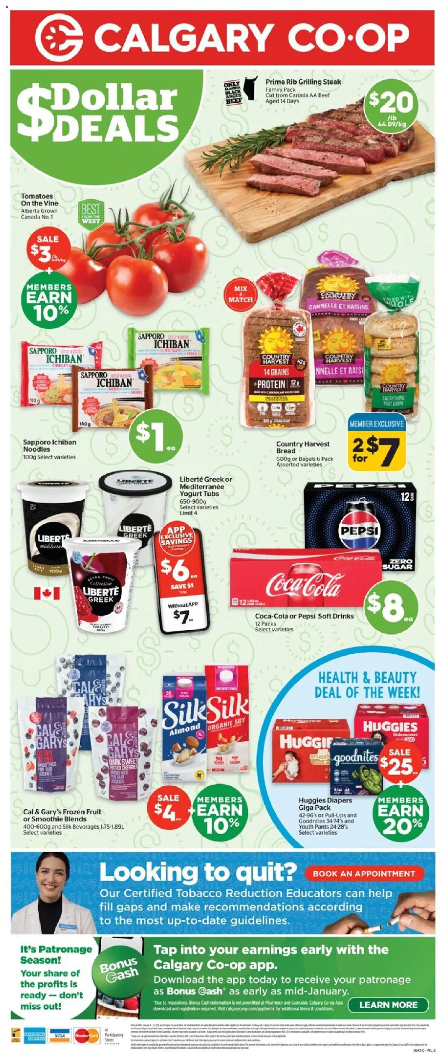 Calgary Co-op flyer valid from 08.01.2026 | Page: 3 | Products: Noodles, Yogurt, Bread, Pants