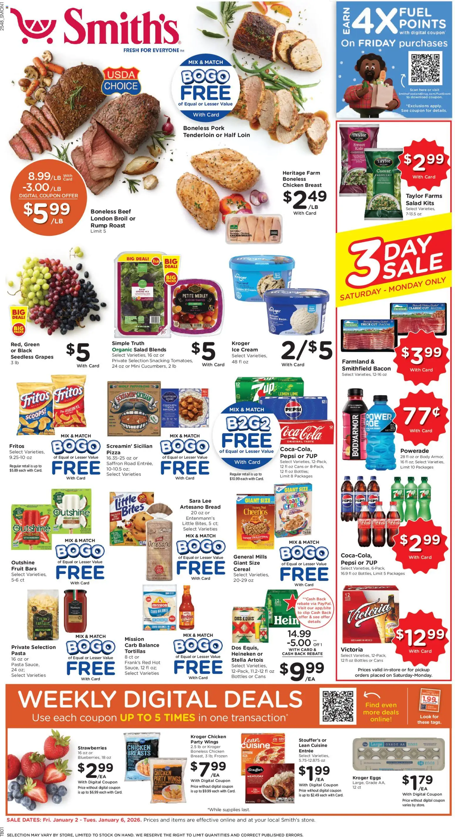 Smith's Weekly Ad - valid from 02.01.2026 | Page: 1 | Products: Pizza, Strawberries, Ice cream, Grapes