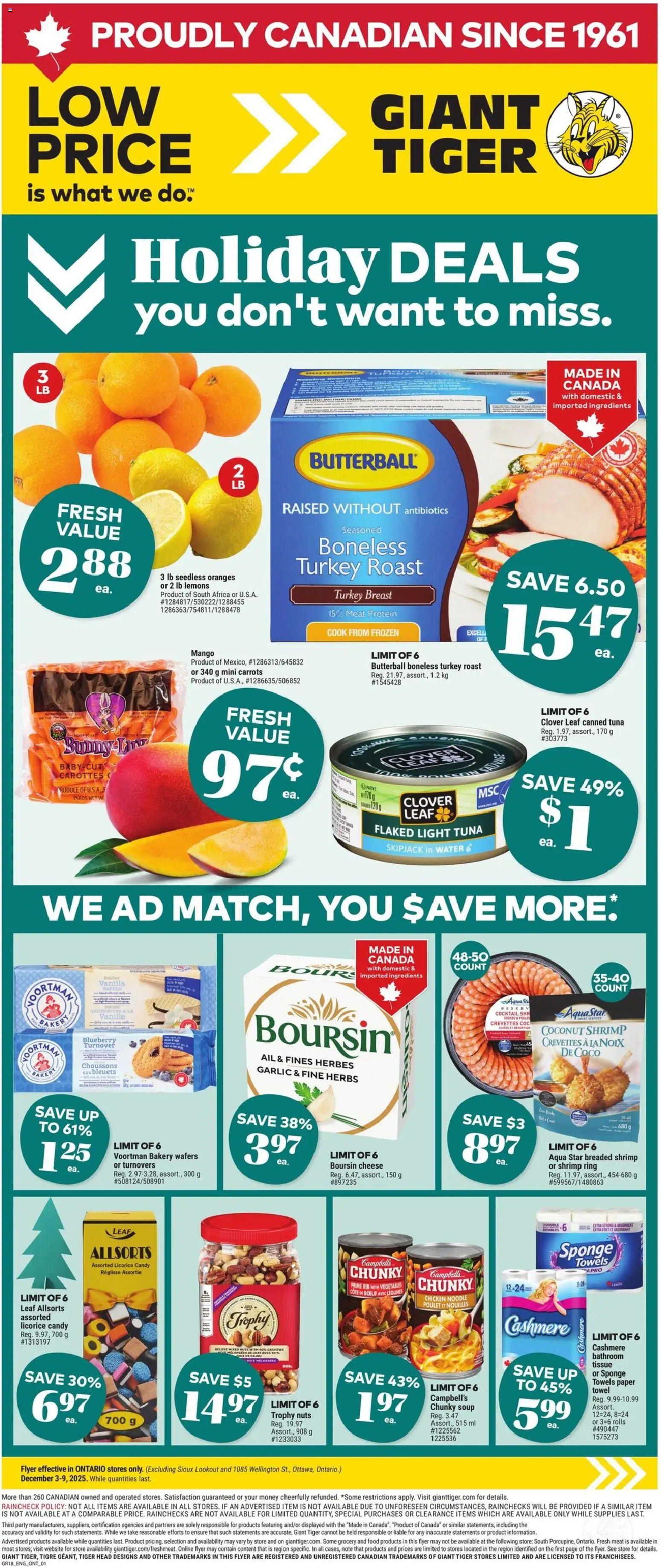 Giant Tiger flyer valid from 03.12.2025 | Page: 1 | Products: Sponge, Cheese, Chicken, Oranges