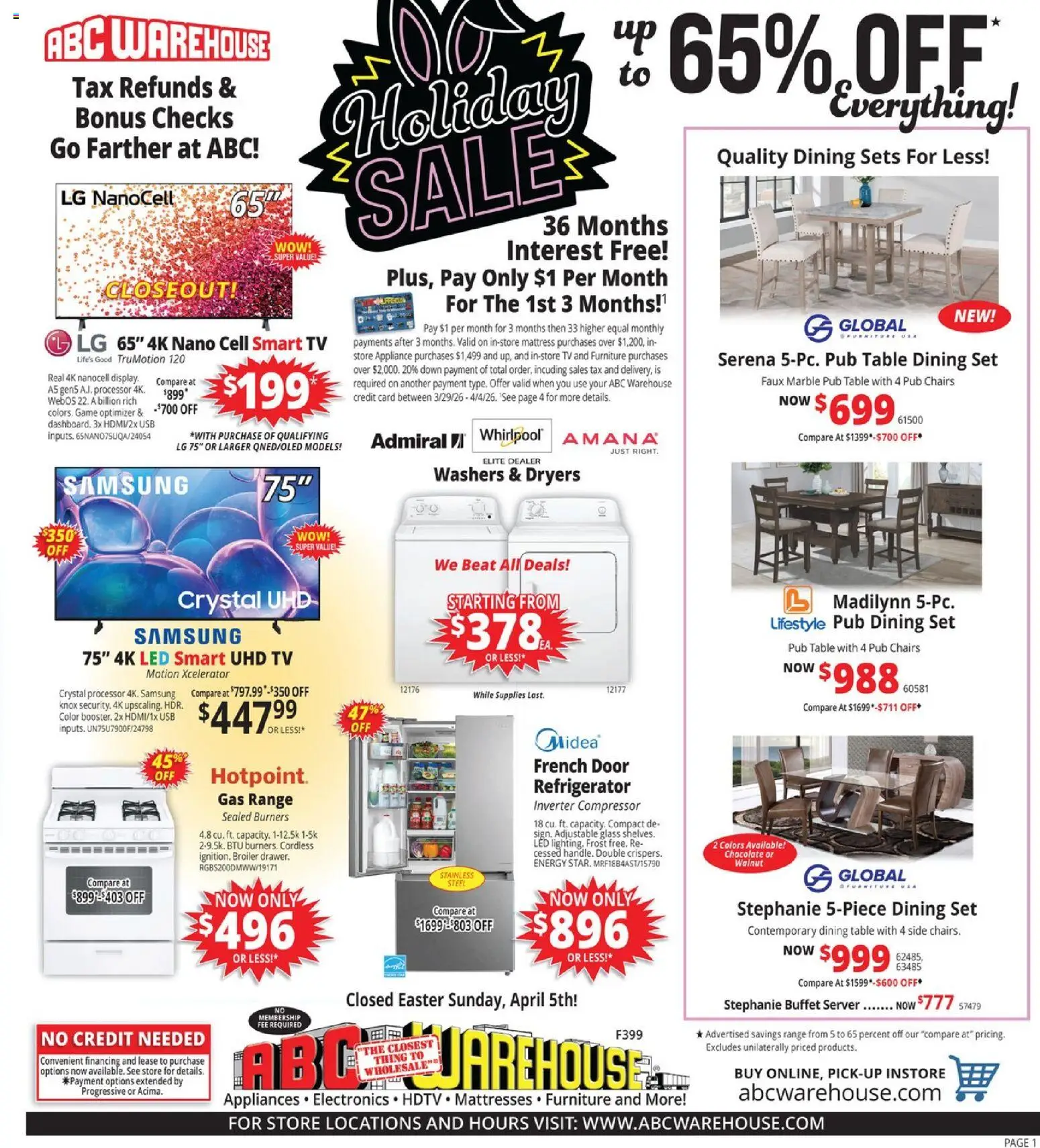 ABC Warehouse Weekly Ad - valid from 29.03.2026 | Page: 1 | Products: Compressor, Tv, Usb, Refrigerator
