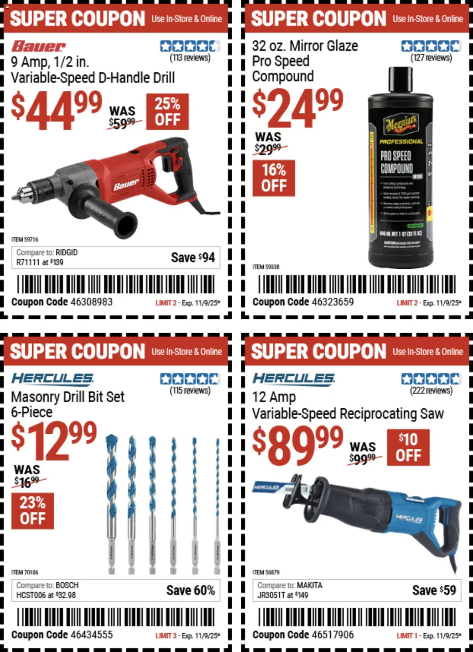 Harbor Freight Weekly Ad - valid from 27.10.2025 | Page: 12 | Products: Saw, Mirror, Reciprocating Saw, Drill Bit
