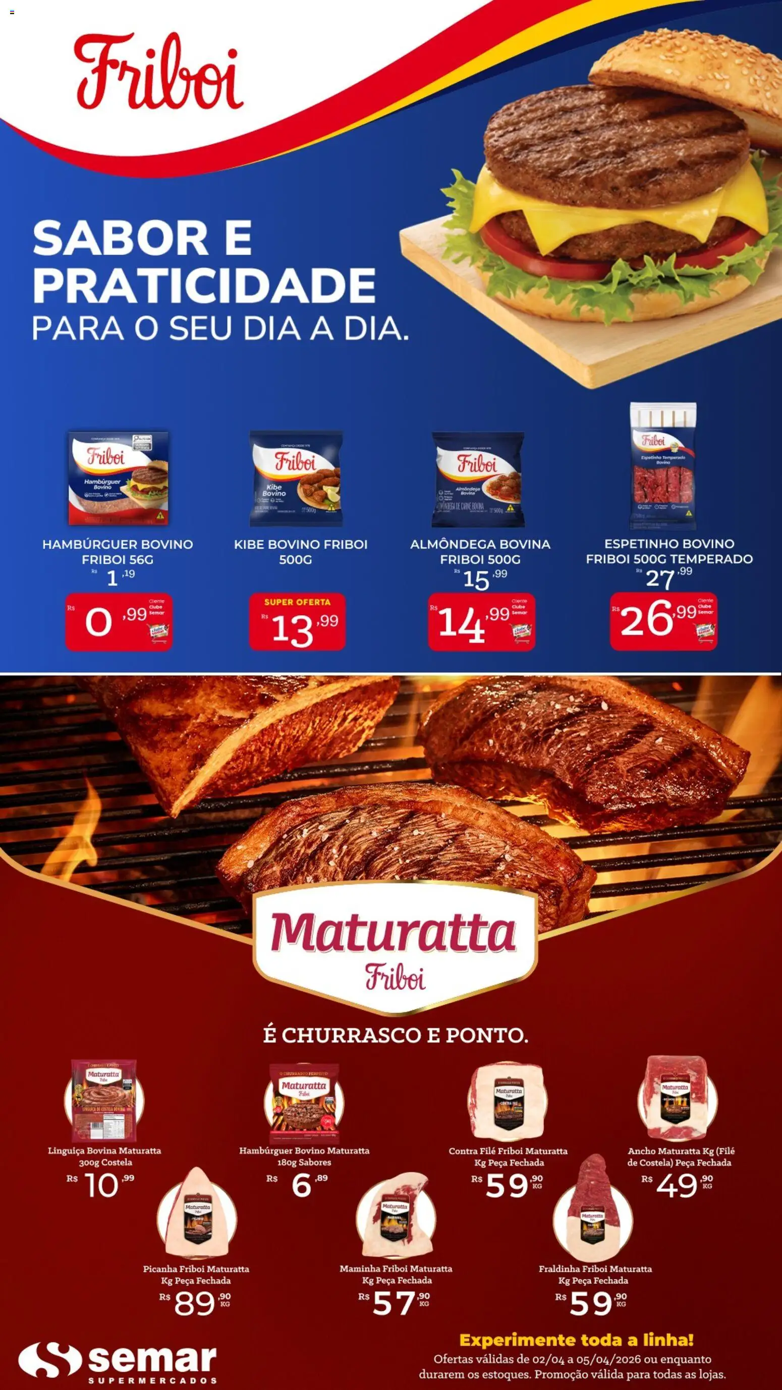 Semar Supermercado Folheto - válido de 02.04.2026 | Página: 1 | Produtos: Contra filé, Fraldinha, Maminha, Hambúrguer