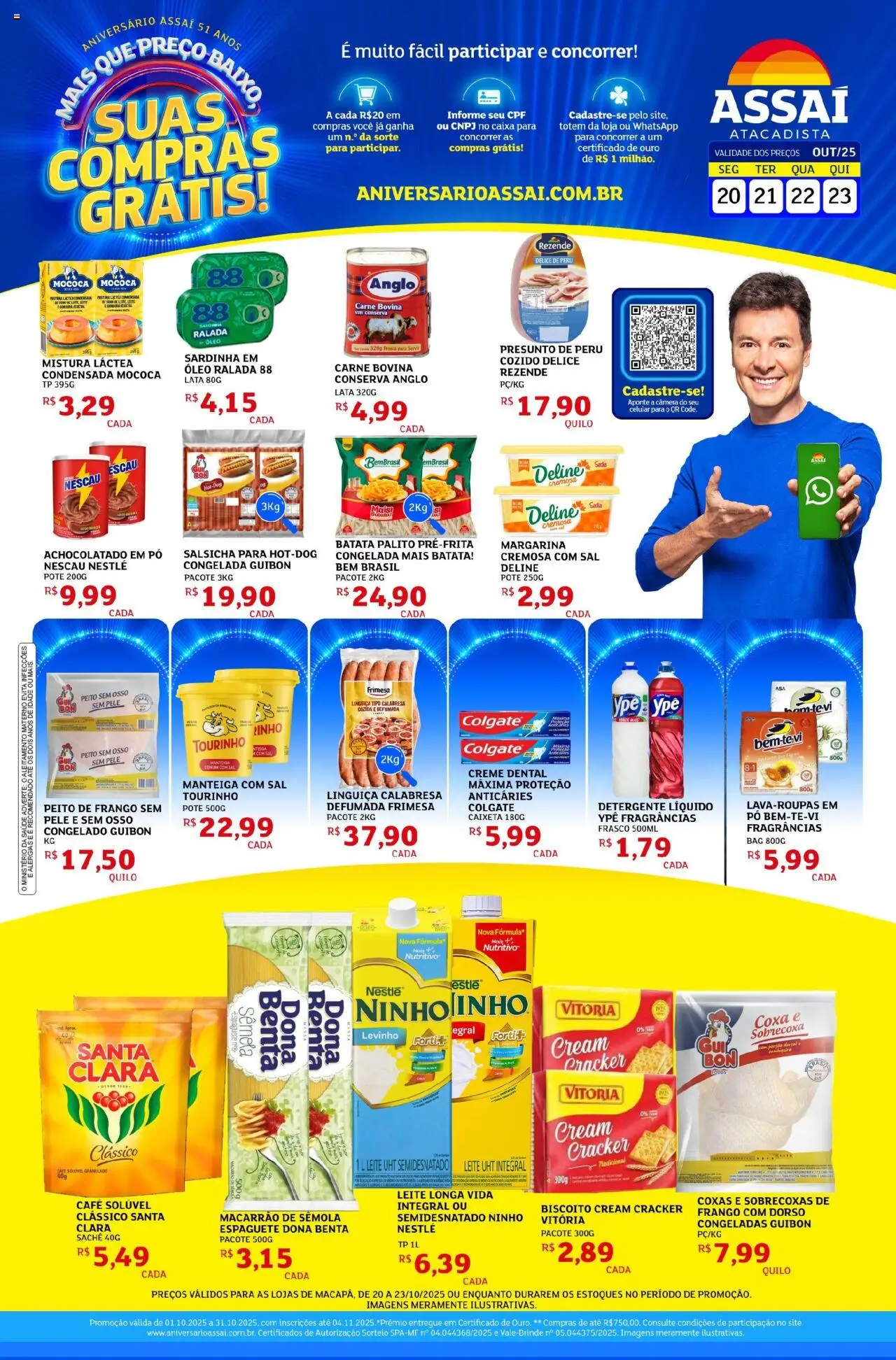 Assaí Atacadista Folheto - válido de 20.10.2025 | Página: 1 | Produtos: Biscoito, Linguiça, Carne, Café solúvel