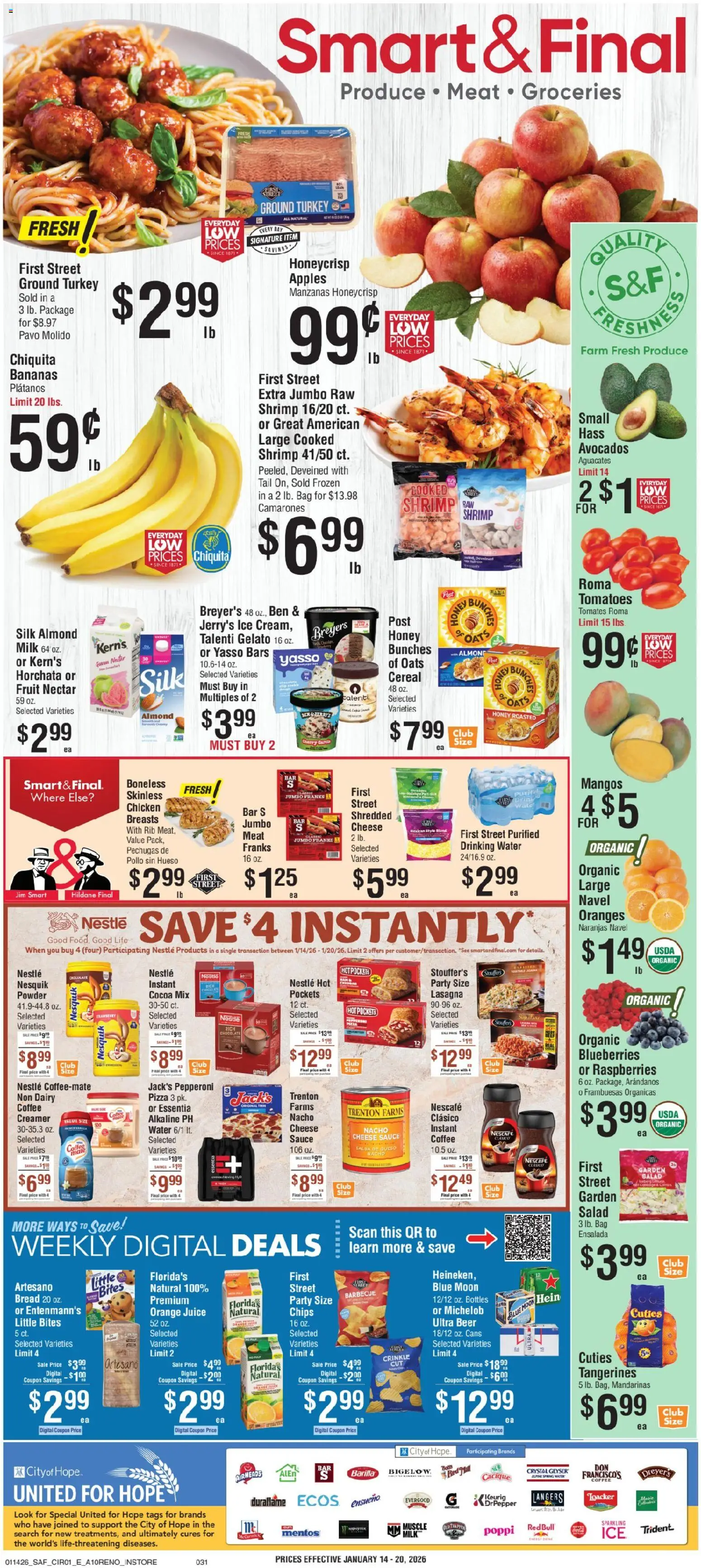 Smart & Final Weekly Ad - valid from 14.01.2026 | Page: 1 | Products: Cheese, Bread, Oranges, Bag