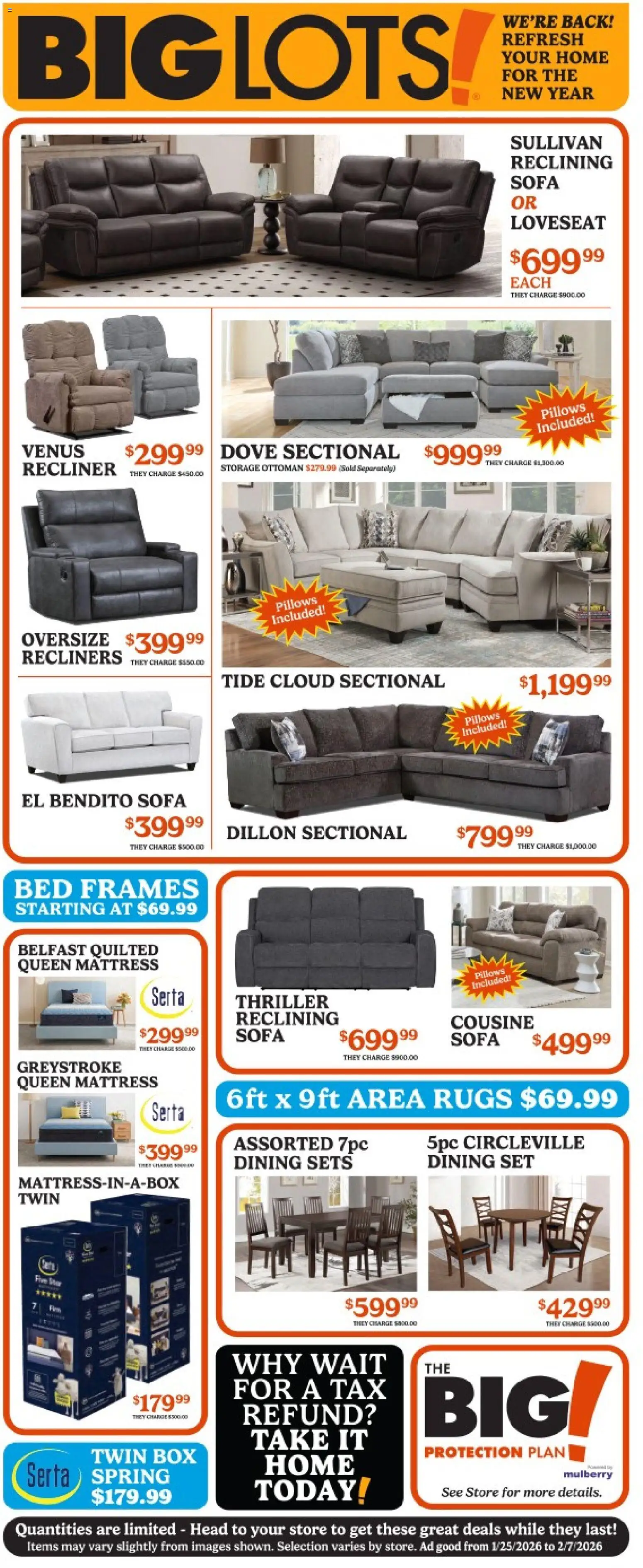 Big Lots Weekly Ad - valid from 25.01.2026 | Page: 1 | Products: Bed, Sofa, Box, Recliner