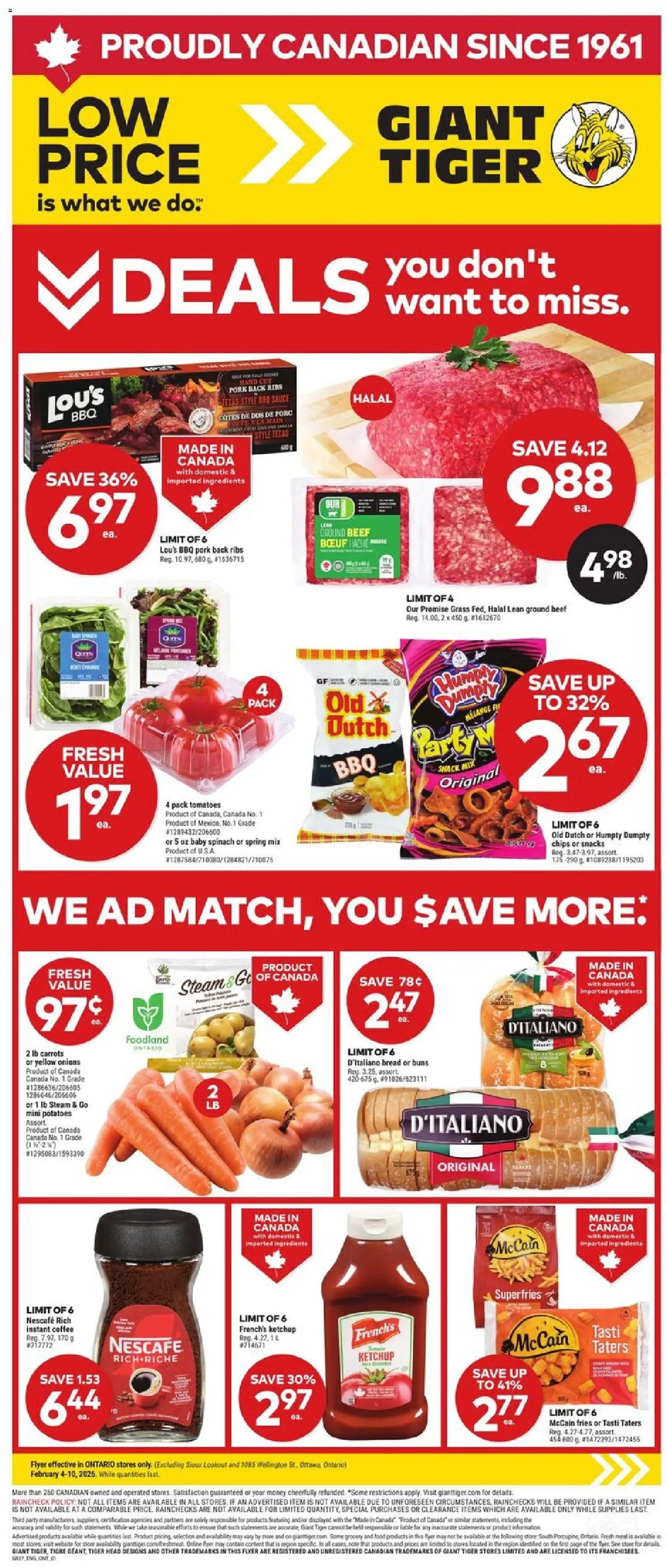Giant Tiger flyer valid from 04.02.2026 | Page: 1 | Products: Beef, Potatoes, Pork, Tomatoes