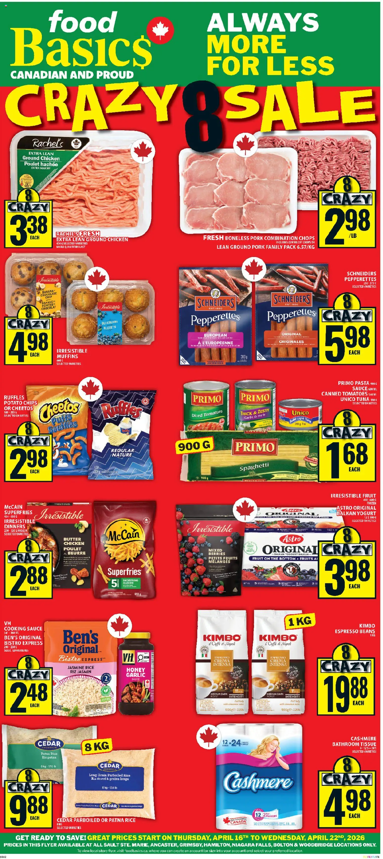 Food Basics flyer valid from 16.04.2026 | Page: 1 | Products: Yogurt, Chocolate, Chicken, Tomatoes