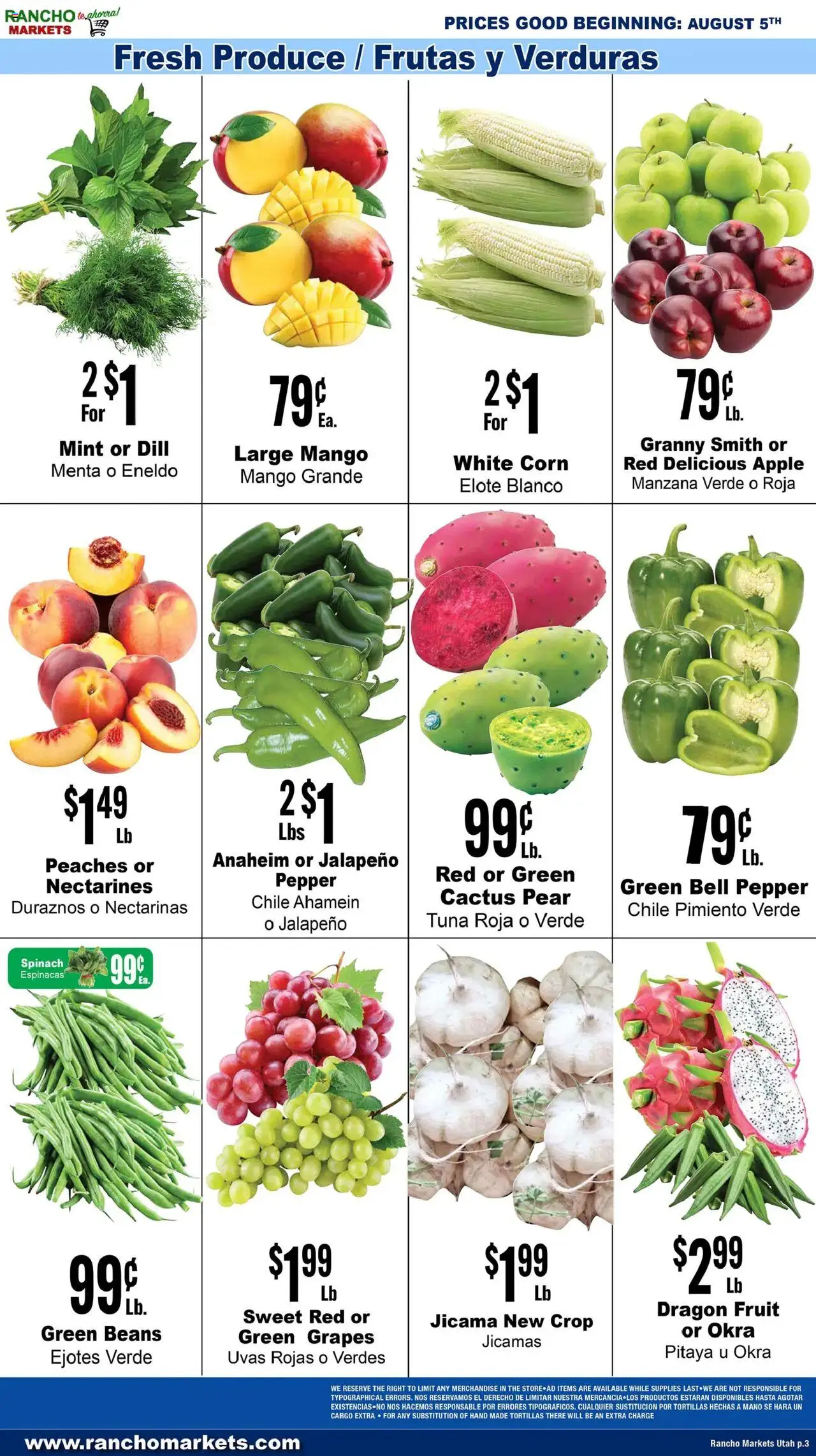 Rancho Markets Weekly Ad - valid from 05.08.2025 | Page: 3 | Products: Corn, Spinach, Pepper, Grapes