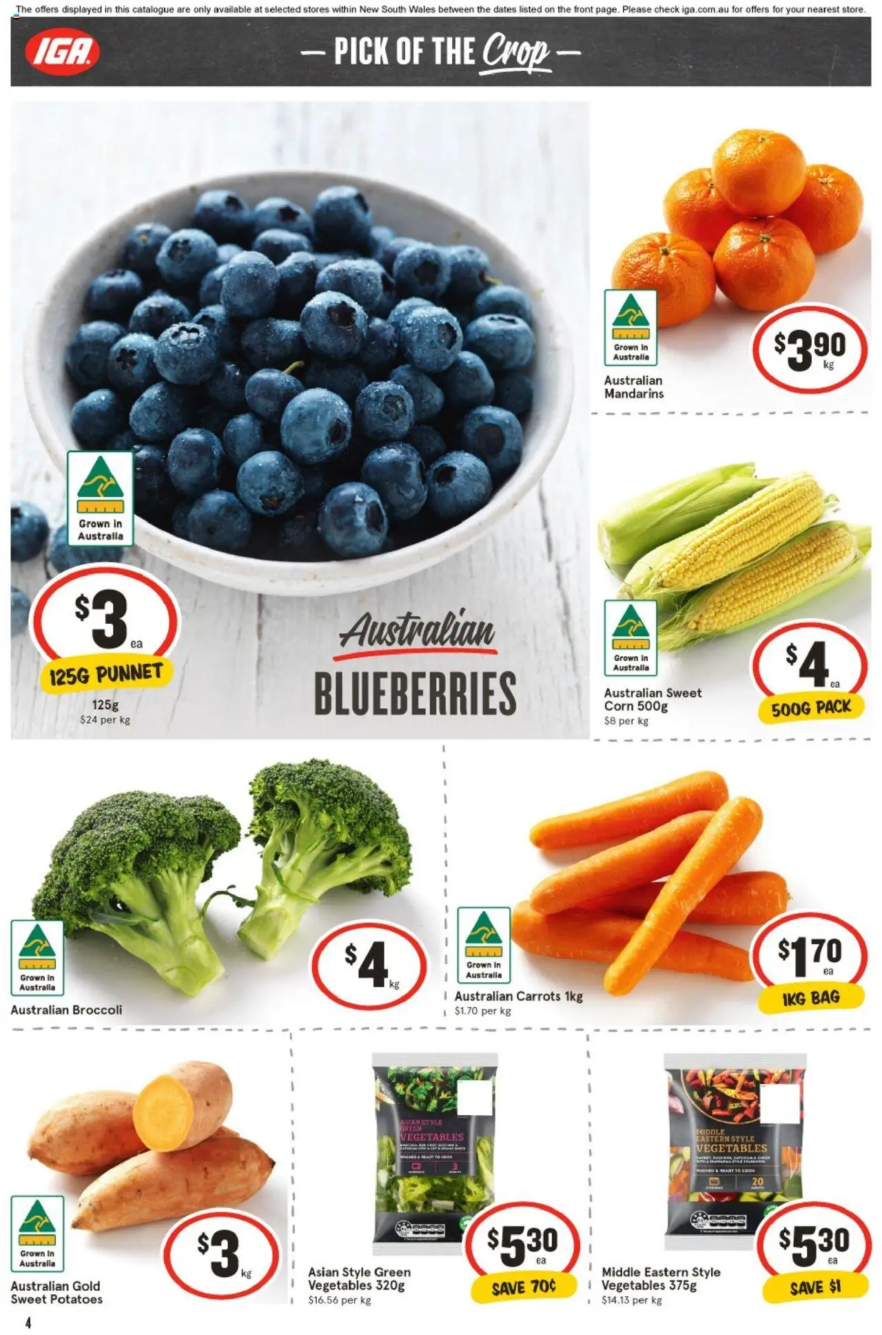 IGA catalogue - valid from 20.08.2025 | Page: 4 | Products: Mandarins, Potatoes, Vegetables, Blueberries
