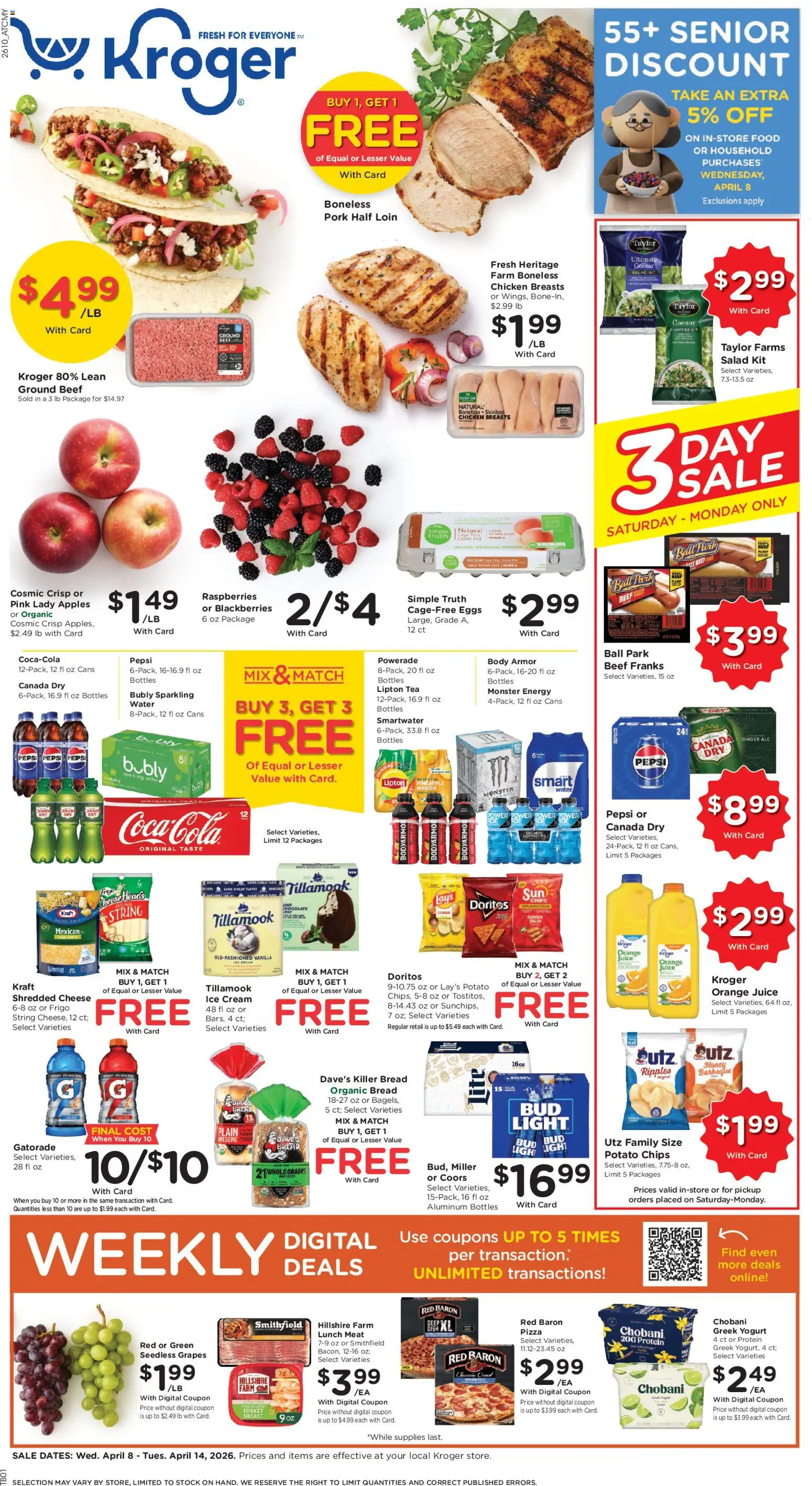 Kroger Weekly Ad - valid from 08.04.2026 | Page: 1 | Products: Bread, Pizza, Cream, Water