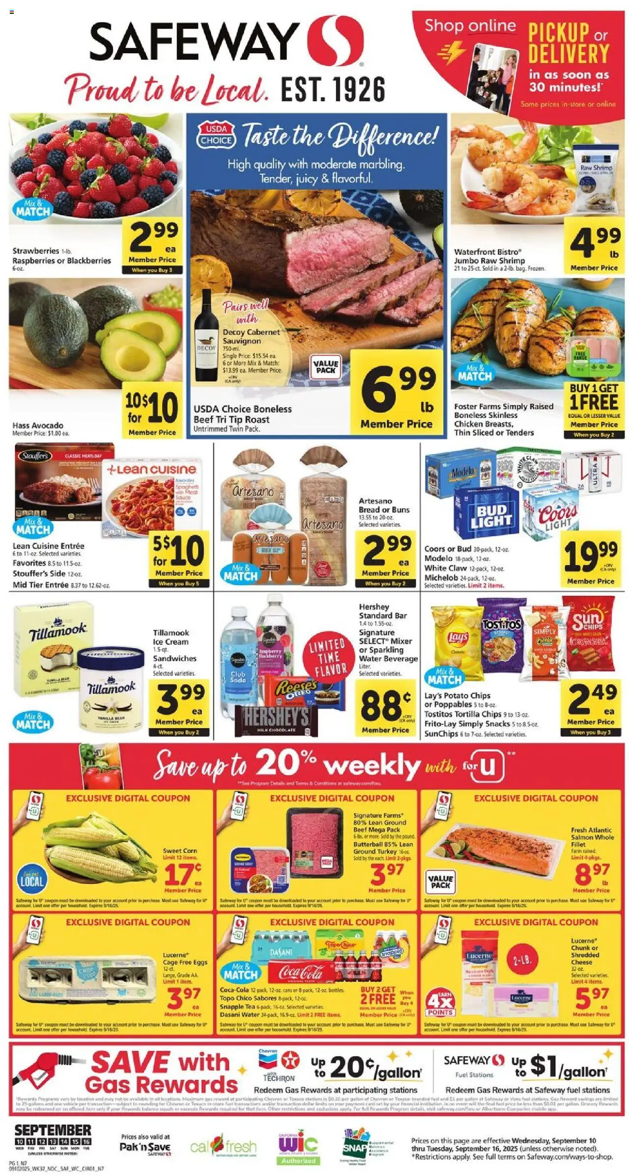 Safeway Weekly Ad - valid from 10.09.2025 | Page: 1 | Products: Corn, Sauce, 2人掛けソファ, Mixer