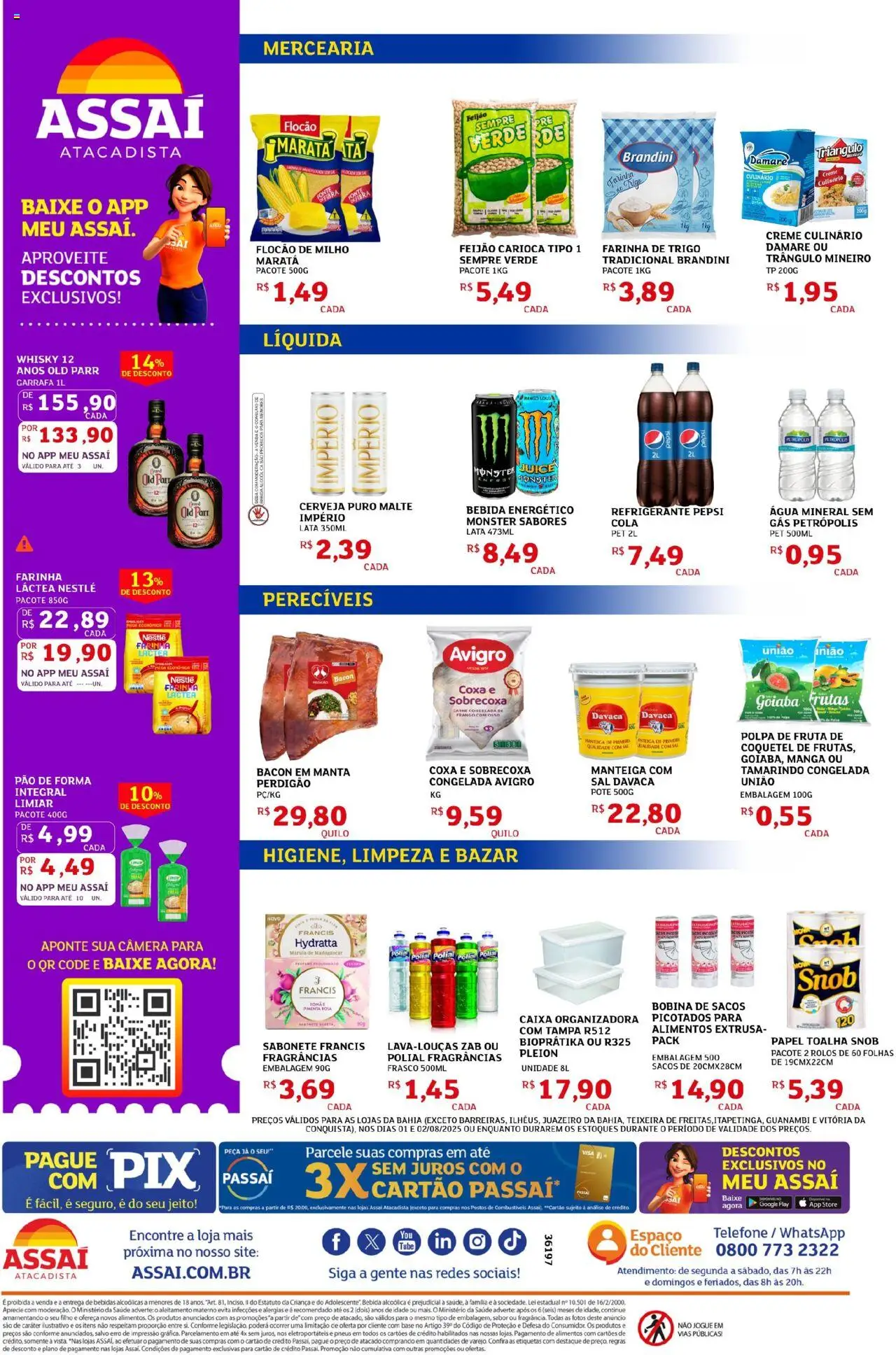 Assaí Atacadista Folheto - válido de 01.08.2025 | Página: 2 | Produtos: Farinha de trigo, Pão de forma, Bebida, Telefone