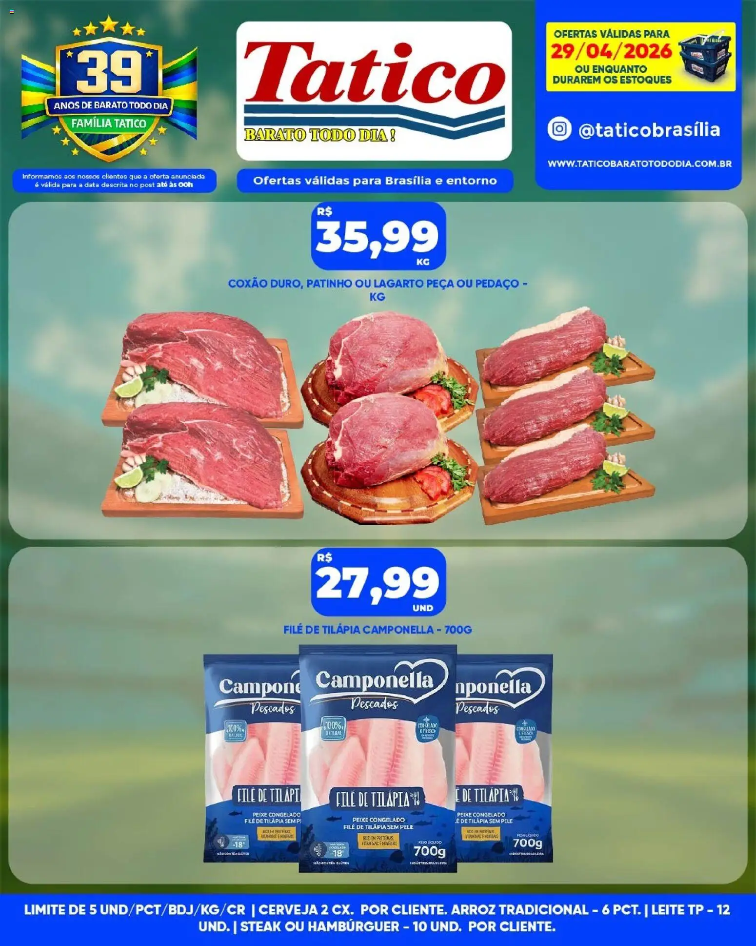 Tatico Folheto - válido de 29.04.2026 | Página: 14 | Produtos: Leite, Tilápia, Hambúrguer, Filé de tilápia