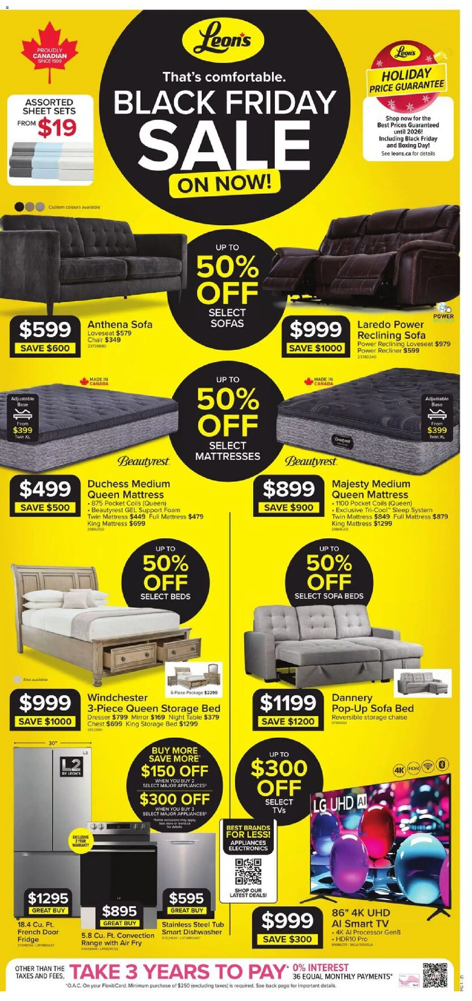 Leon's flyer valid from 20.11.2025 | Page: 1 | Products: Tv, Mattress, Table, Chair