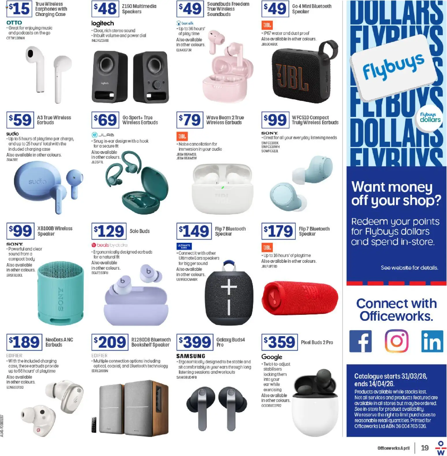 Officeworks catalogue - valid from 31.03.2026 | Page: 19 | Products: Earphones, Case, Speaker, Stereo