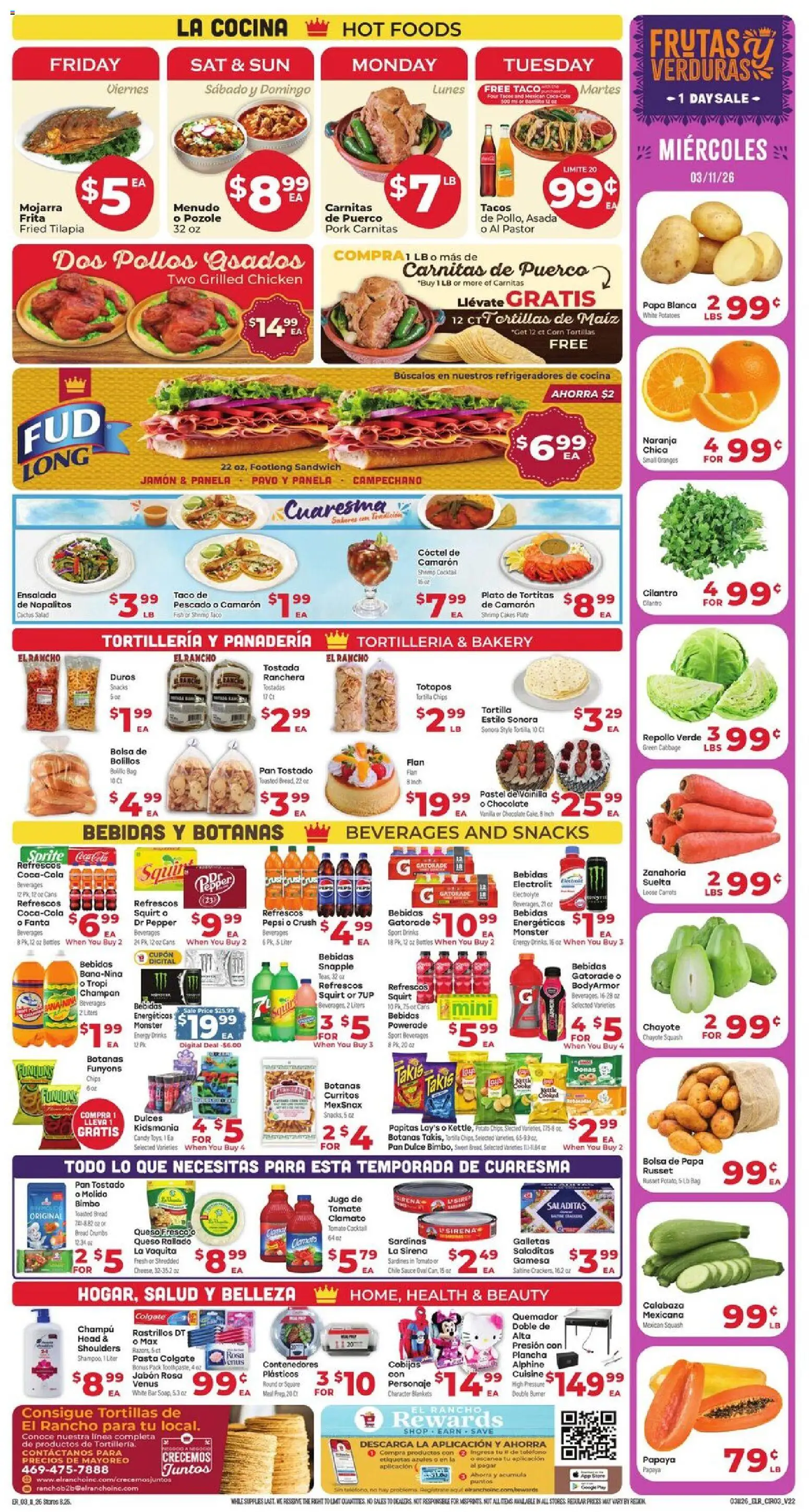 El Rancho Weekly Ad - valid from 11.03.2026 | Page: 3 | Products: Corn, Chocolate, Pork, Salad