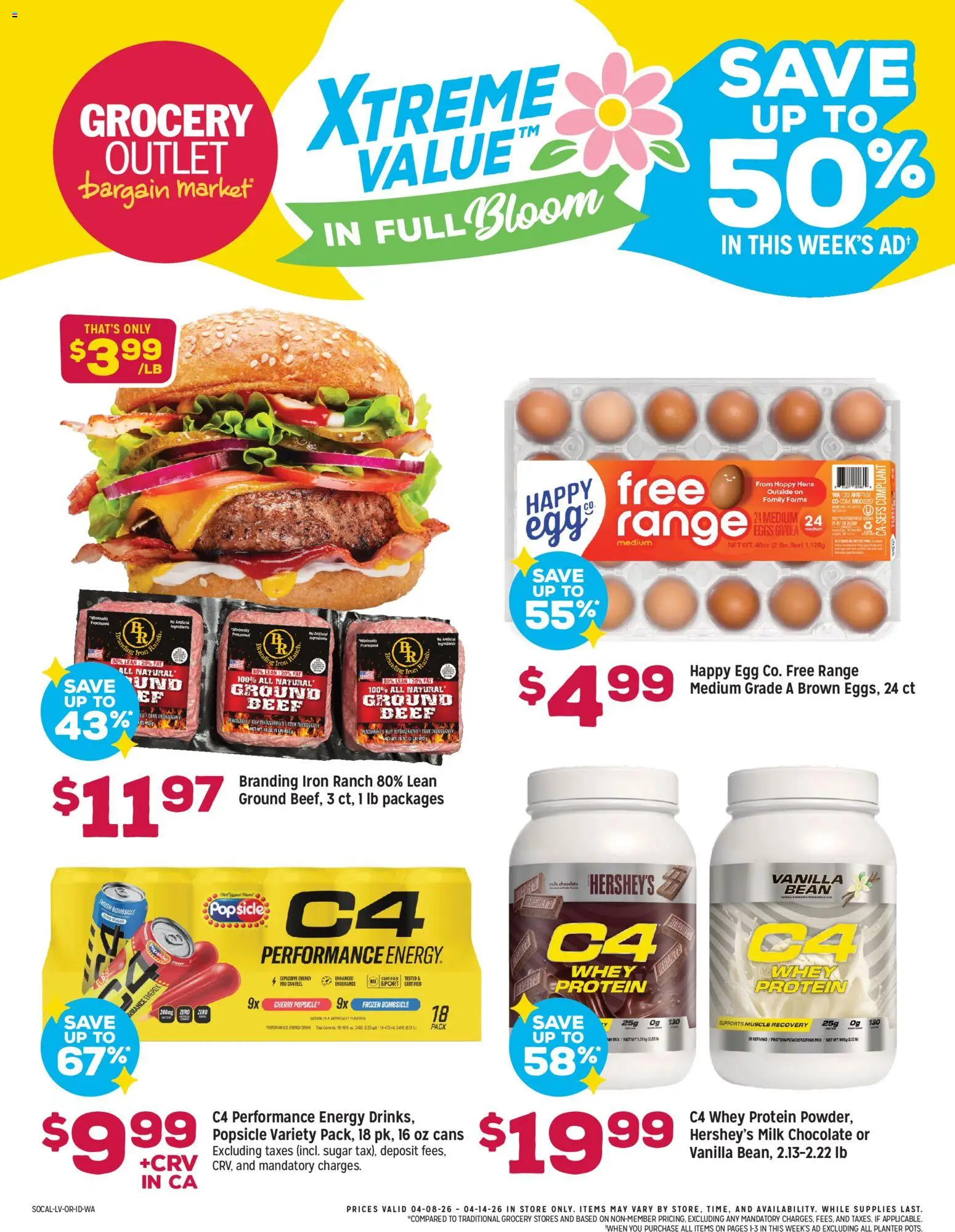 Grocery Outlet Weekly Ad - ID - valid from 08.04.2026 | Page: 1 | Products: Milk, Chocolate, Beef, Iron